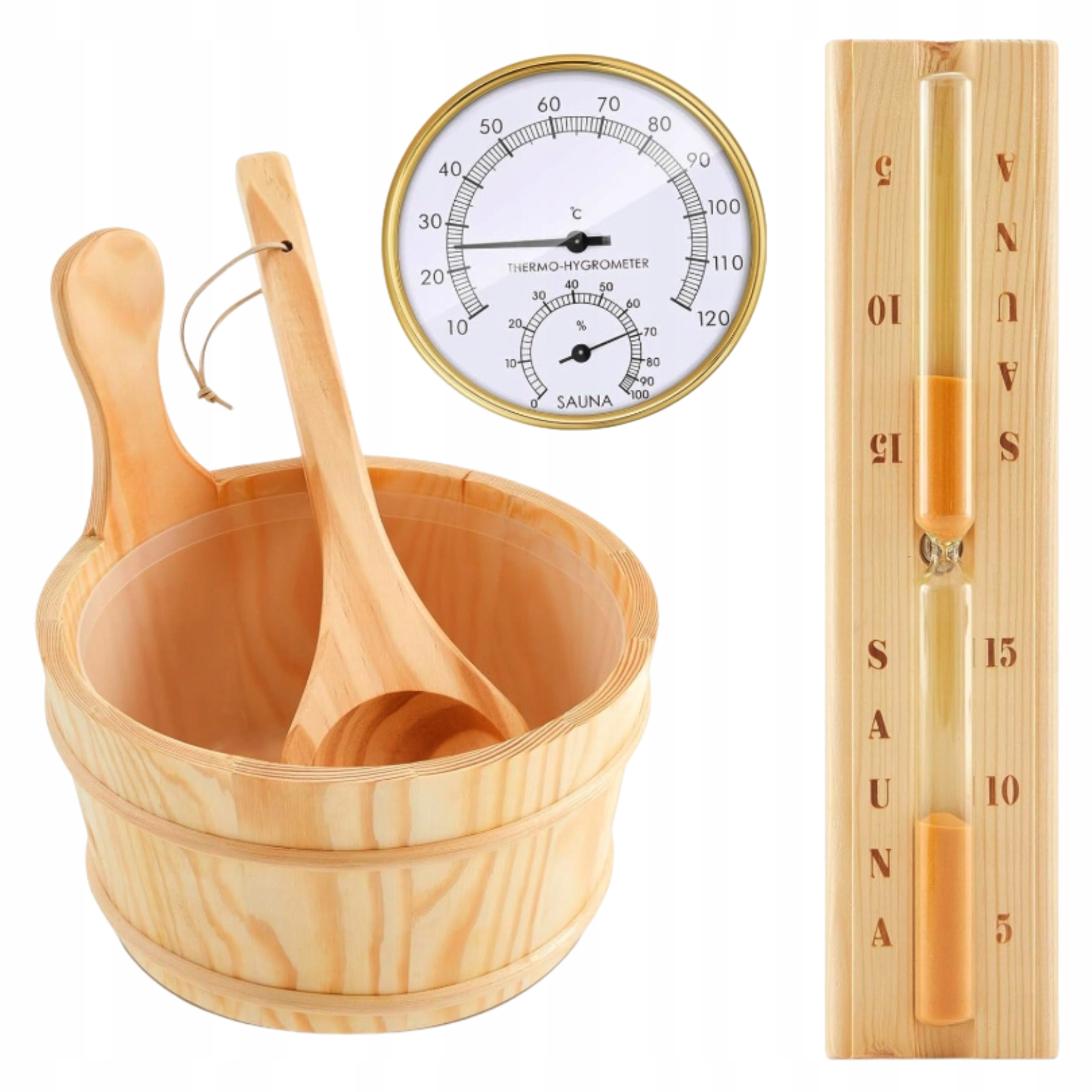 Drevený Set Príslušenstva Do Sauny, Vedro Naberačka, Teplomer, Presýpacie Hodiny