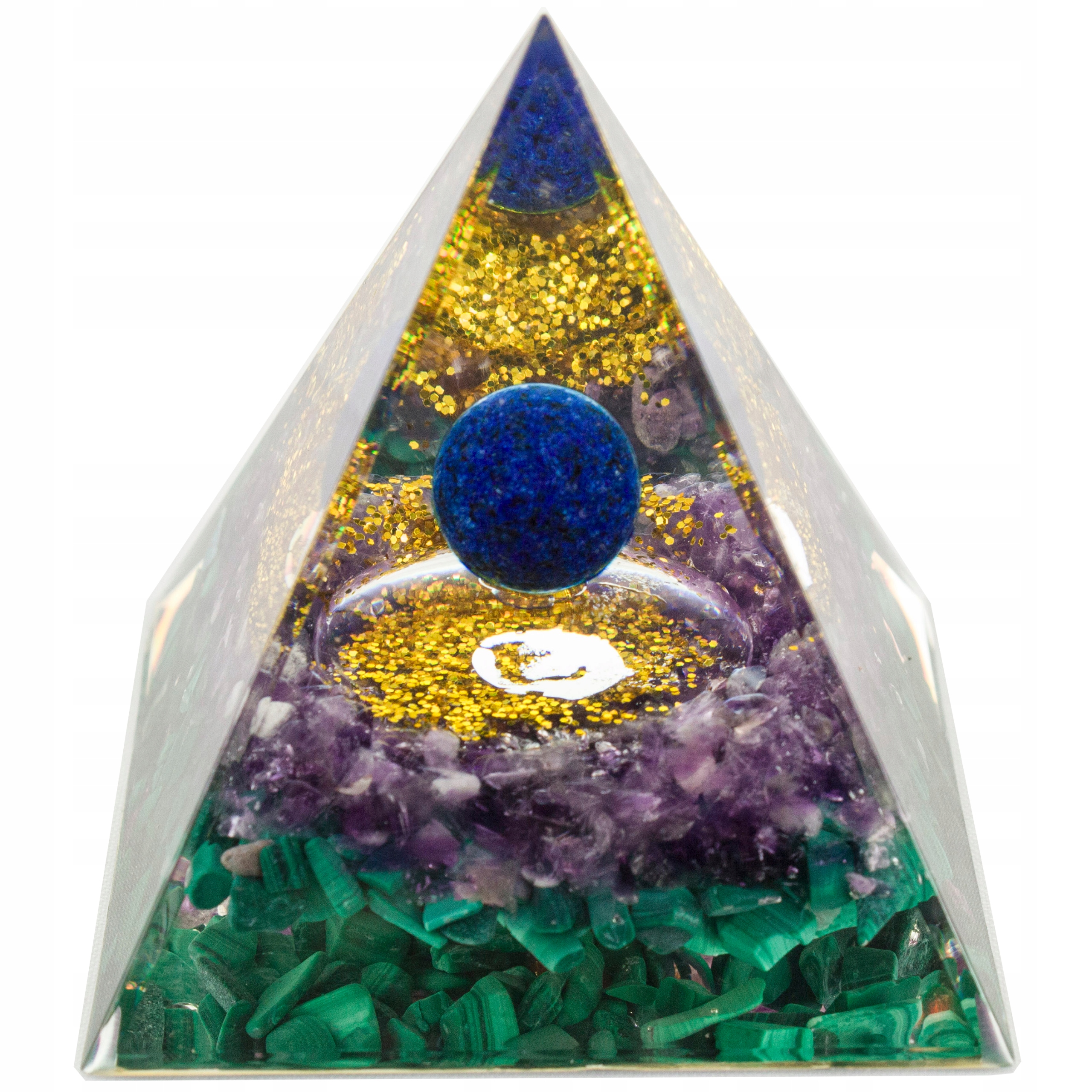 Piramidka Orgonit Lazuryt Malachit Żywica Złota Folia Czakry 5 cm