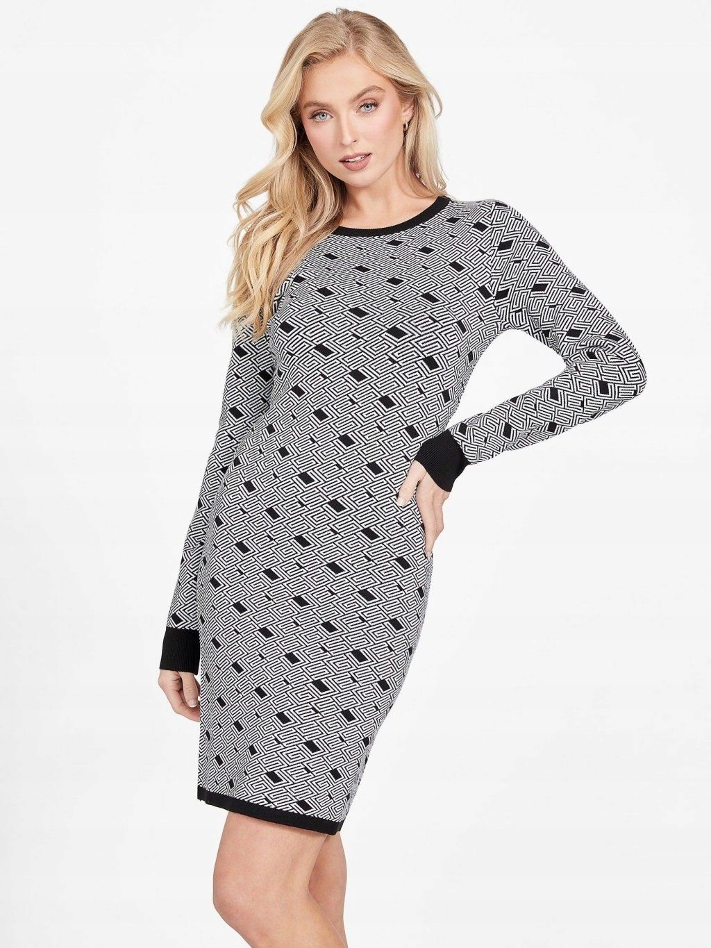 Guess Šaty Jednoduchý Dlouhý Rukáv Geometrický Vzor Gga