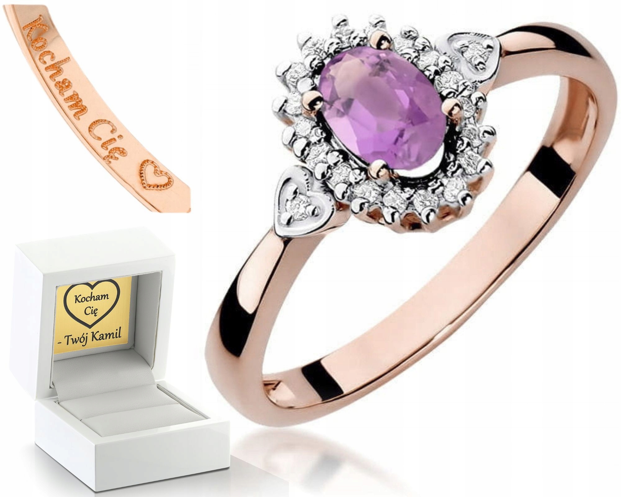 Zásnubní Prstýnek Ametyst Diamanty Růžové Zlato Gravírování 585 Bonus
