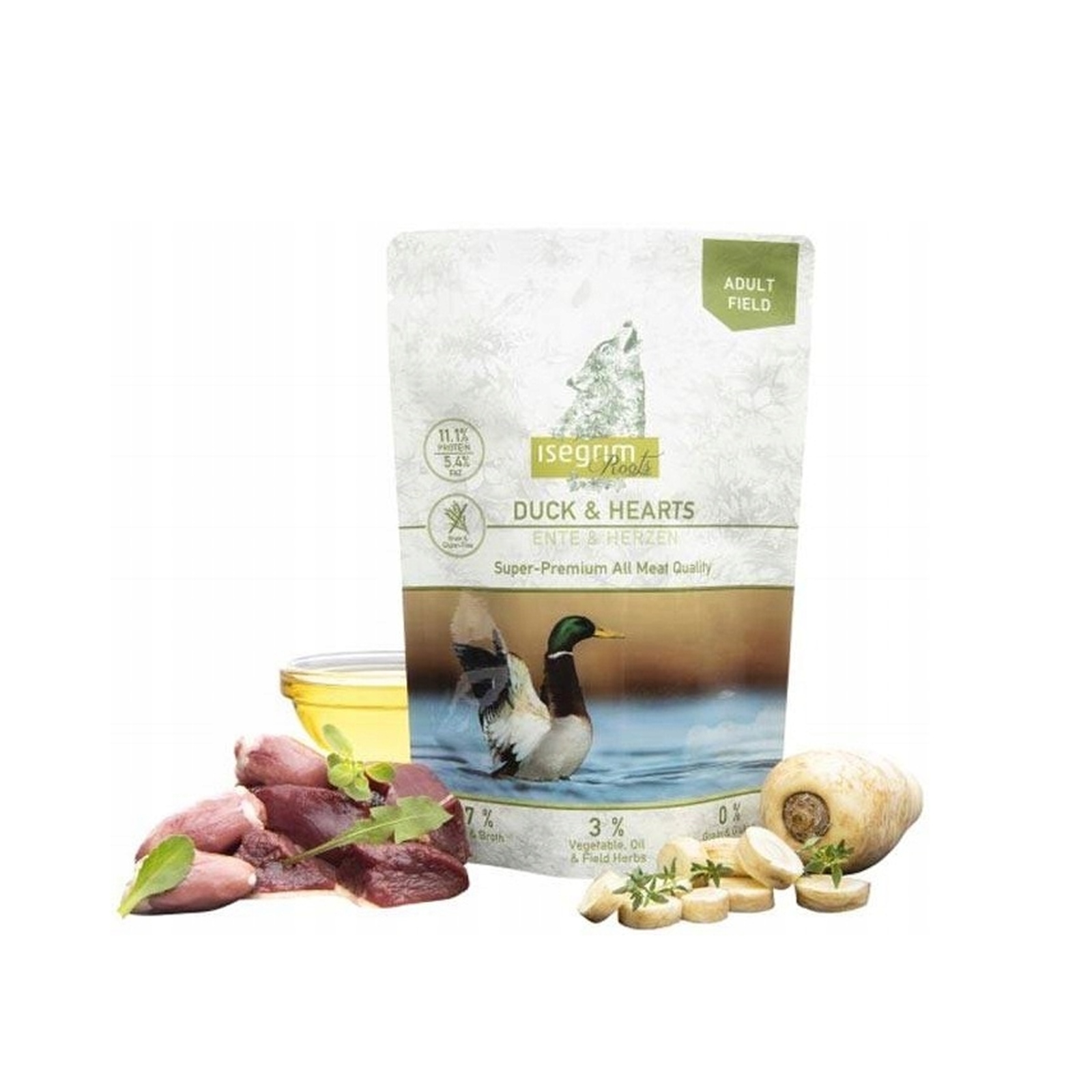 Levně Isegrim Premium roots Vlhké krmivo pro psy Adult Kachna srdce Zelenina 6x410g