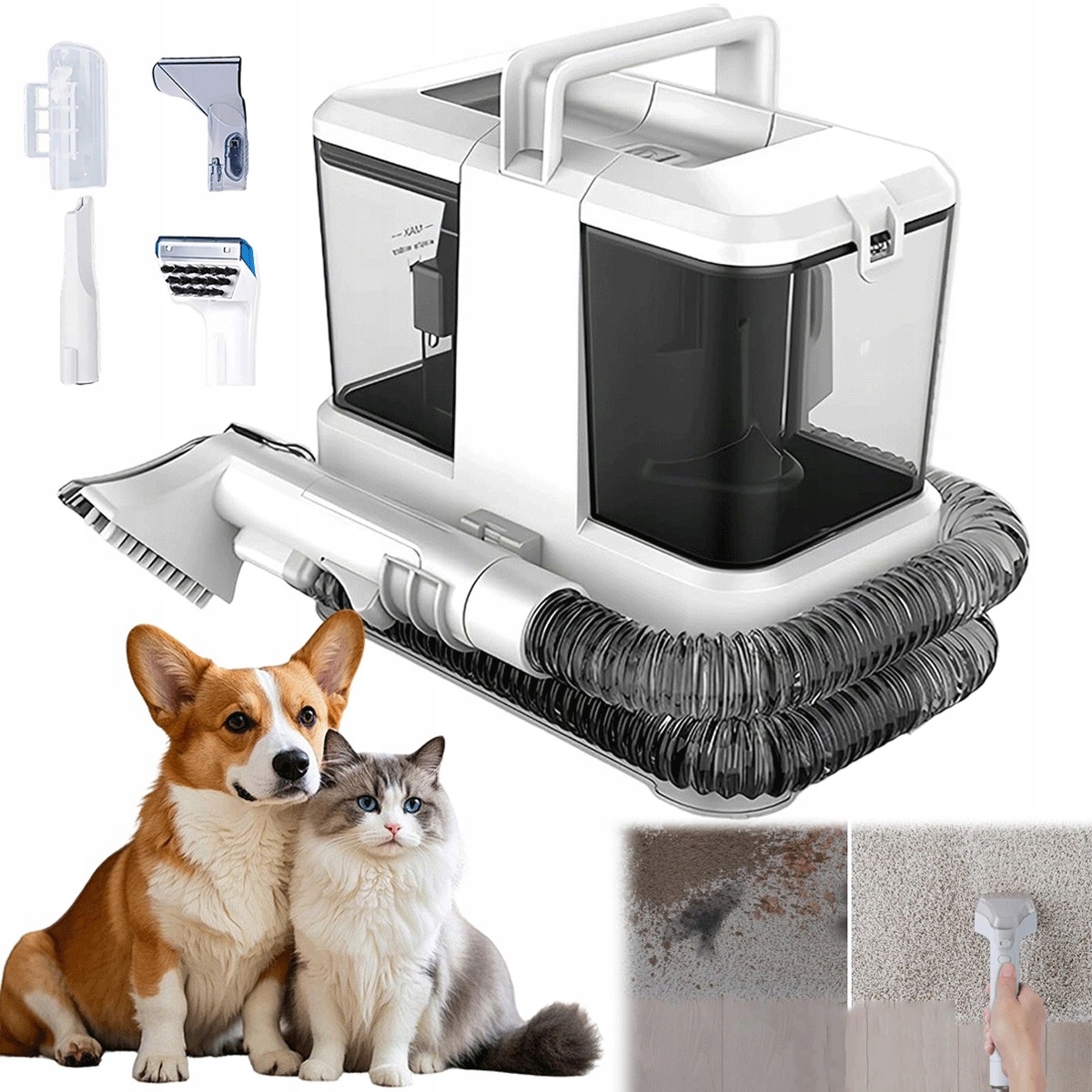 Odkurzacz tapicerki z przedłużonym wężem i 4 końcówkami na dywan i kanapę