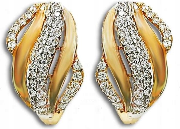 Zlaté náušnice s anglickými zirkony 585, široké vlny zirkony