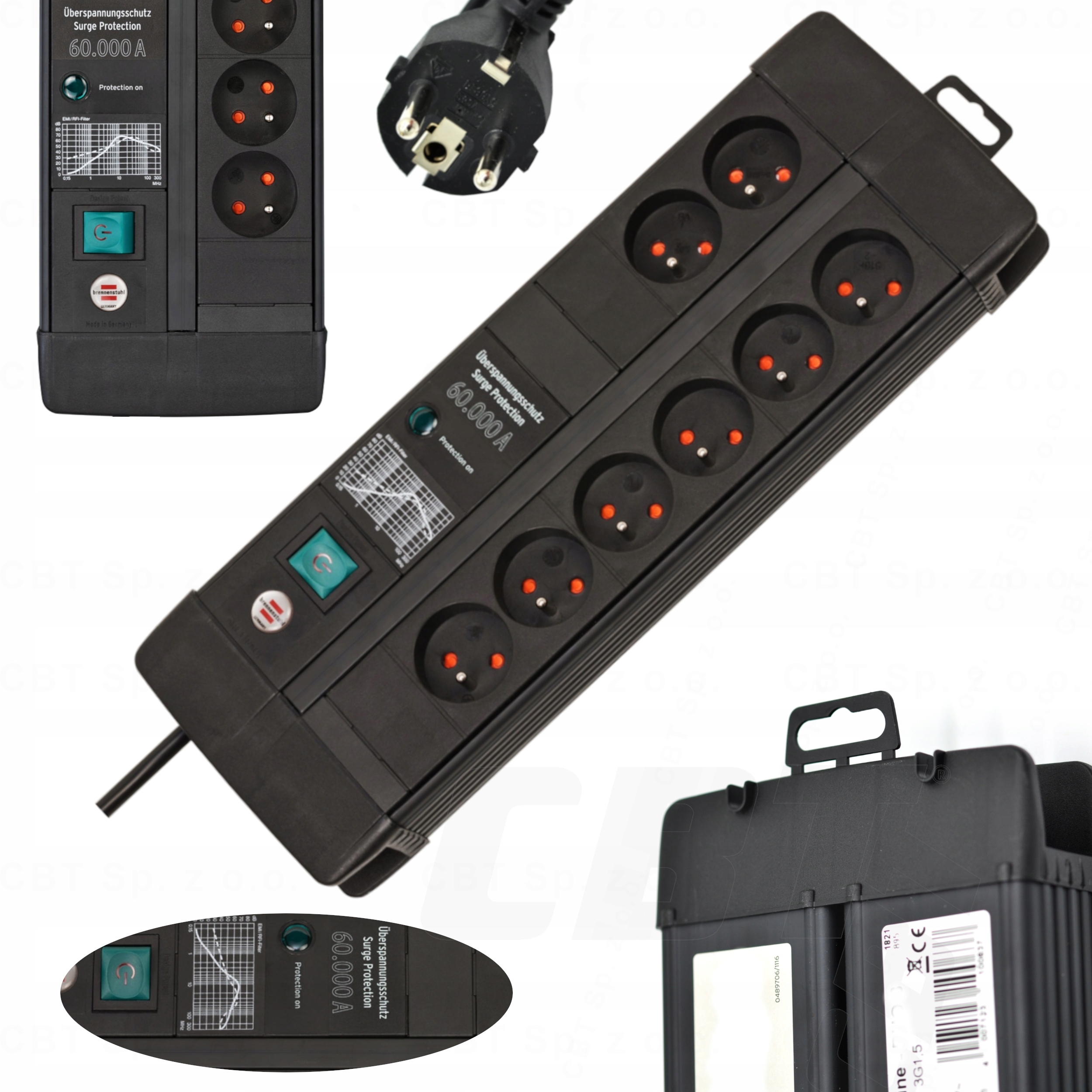 Listwa Przeciwprzepięciowa Zabezpieczenie 60A Przedłużacz 8 Gniazd Kabel 3M