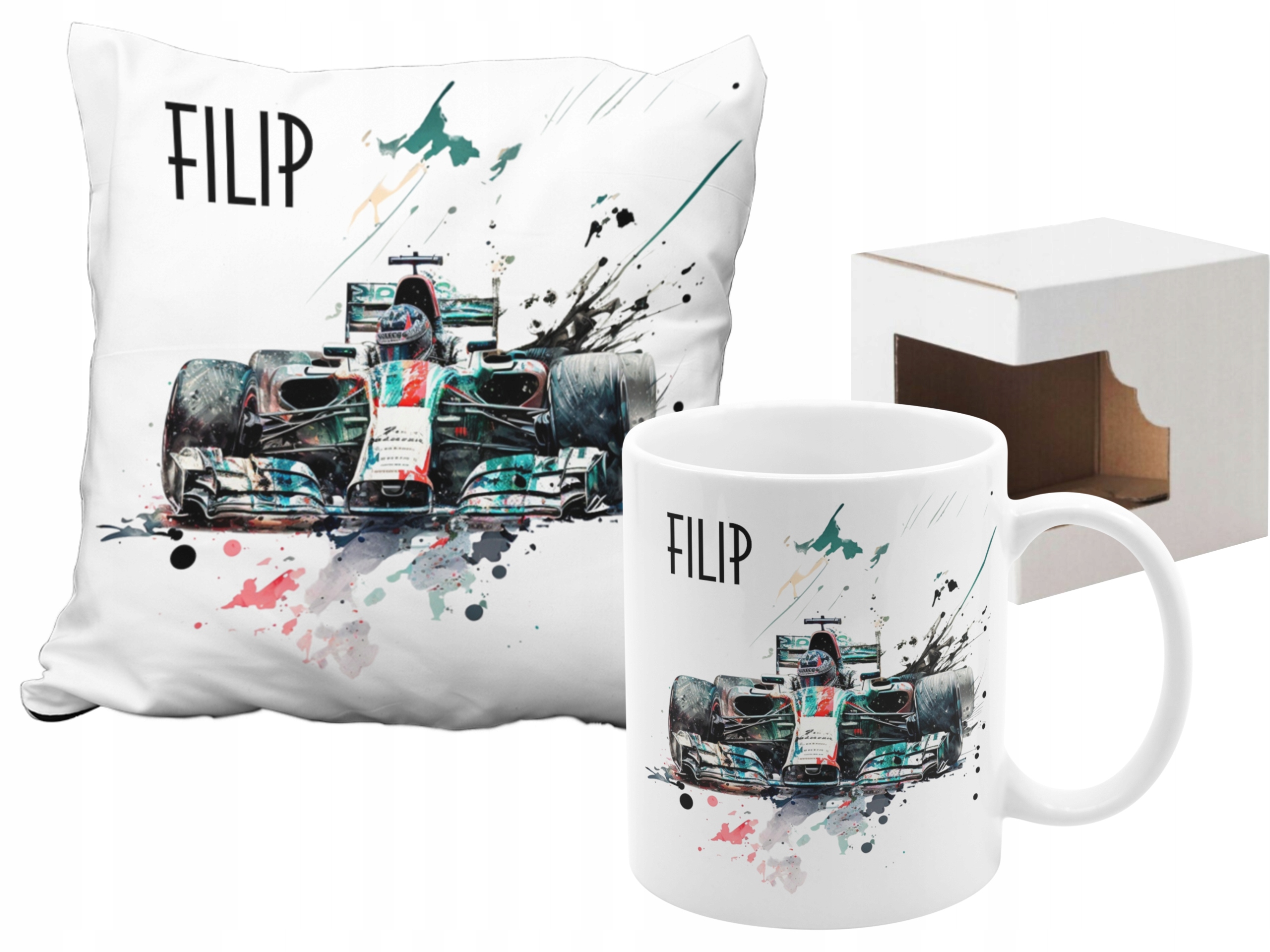 ZESTAW FORMUŁA 1 WYŚCIGI KUBEK PODUSZKA Z IMIENIEM Marka MS