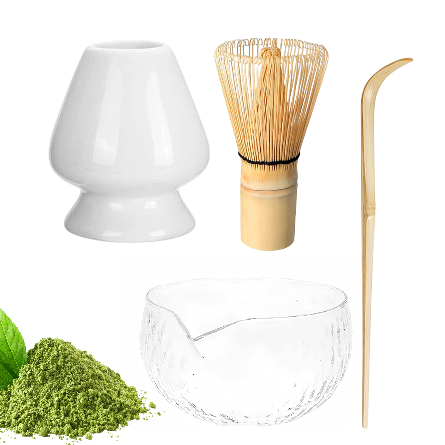 Sada Na Matcha S Bambusovou Šlehací Metlou, Skleněná Miska, Keramická Základna