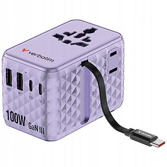Verbatim Adapter podróżny ChargeNTravel Usb-c Usb-a fioletowy 100 W 30193