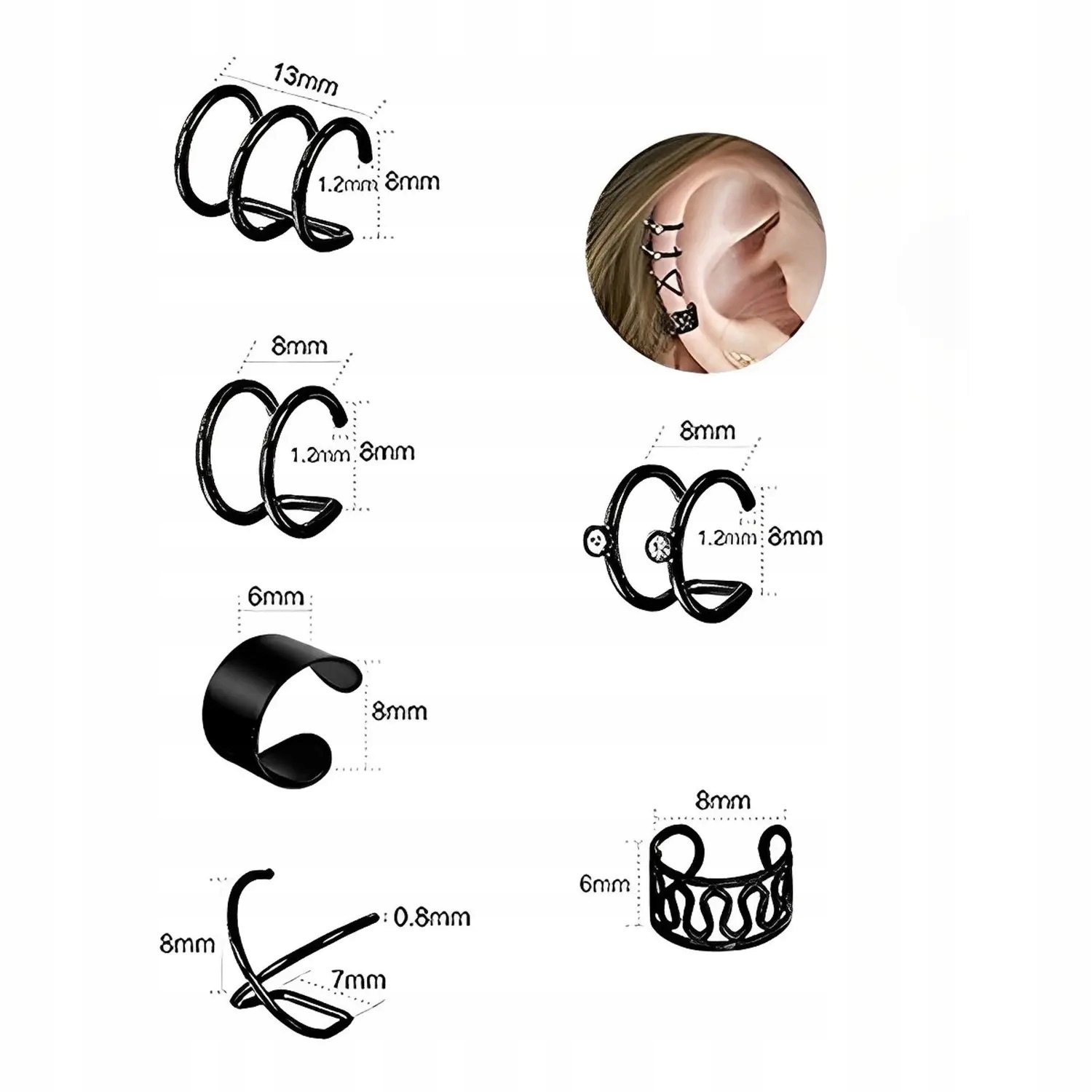 Nausznice komplet stal chirurgiczna 6 par CZARNE T EAN (GTIN) 5904905662682