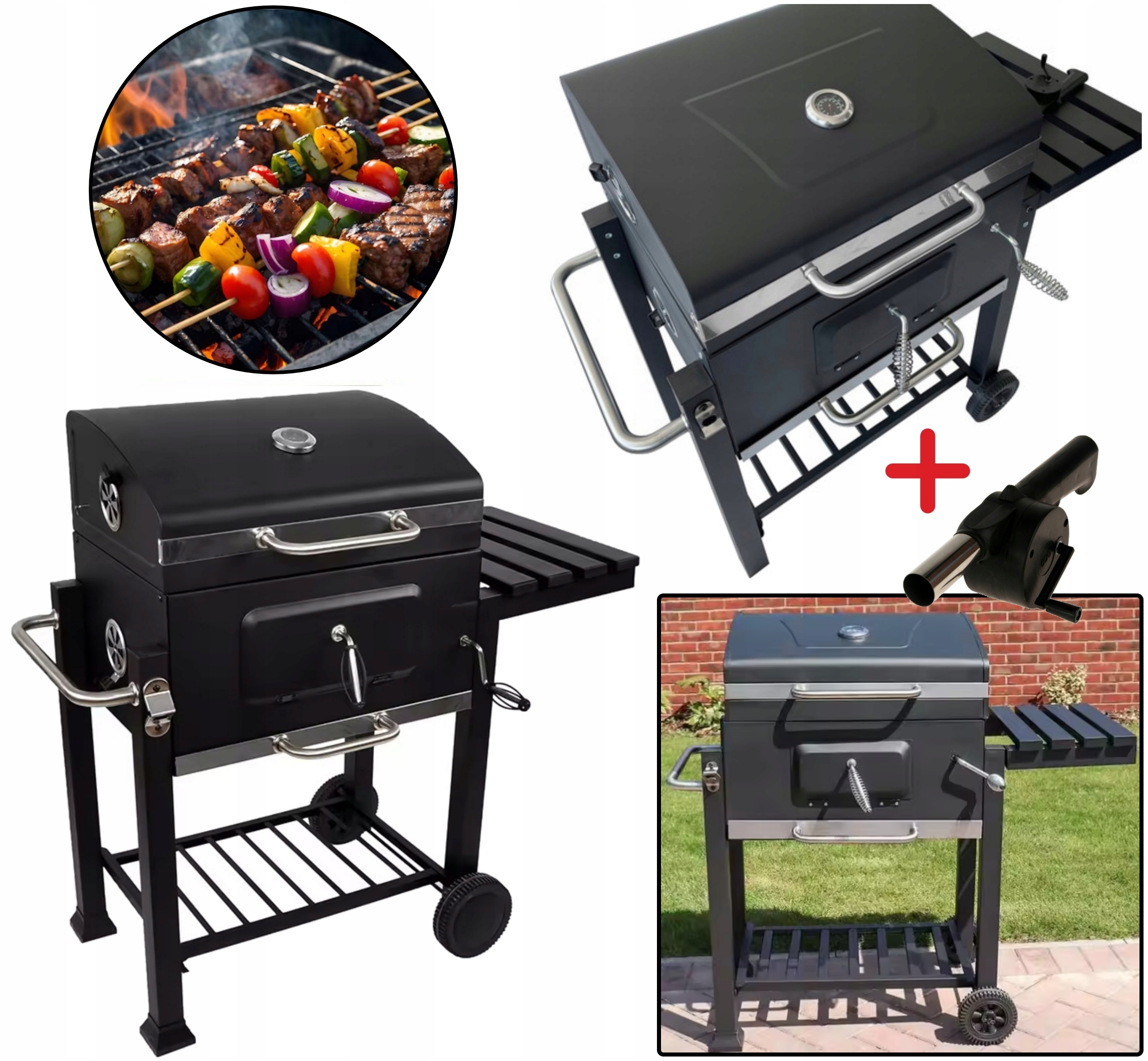 Grill Węglowy Ogrodowy Pokrywa Duży 2 Ruszty Termometr Dmuchawa