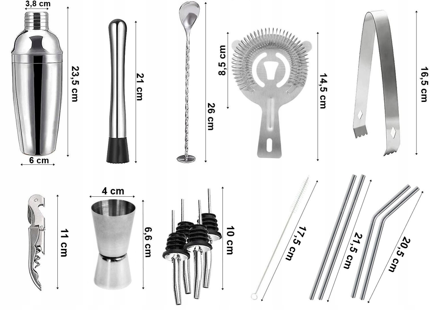 ELEGANCKI STALOWY ZESTAW BARMAŃSKI 17 EL STOJAK BAMBUS Stan opakowania oryginalne