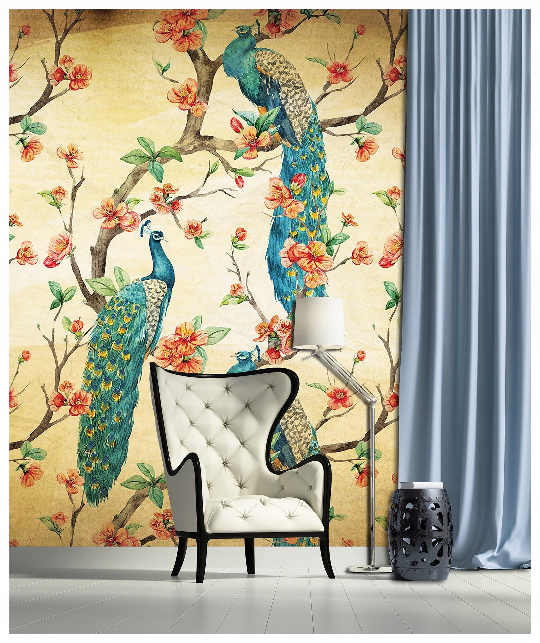 Vliesová fototapeta Pávi v květech s elegantním vzorem 184x254 lepidlo