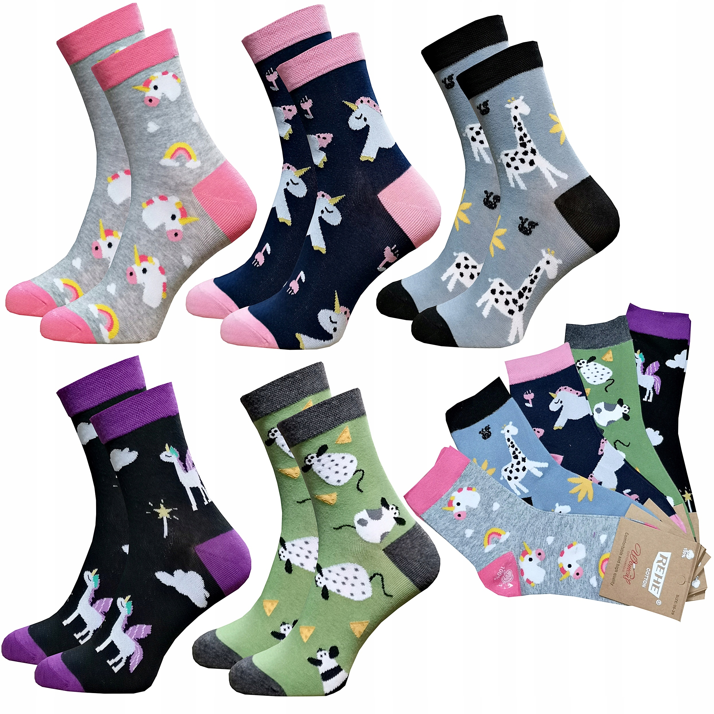 

5 x Bawełniane Kolorowe Damskie Skarpety mix 35-39