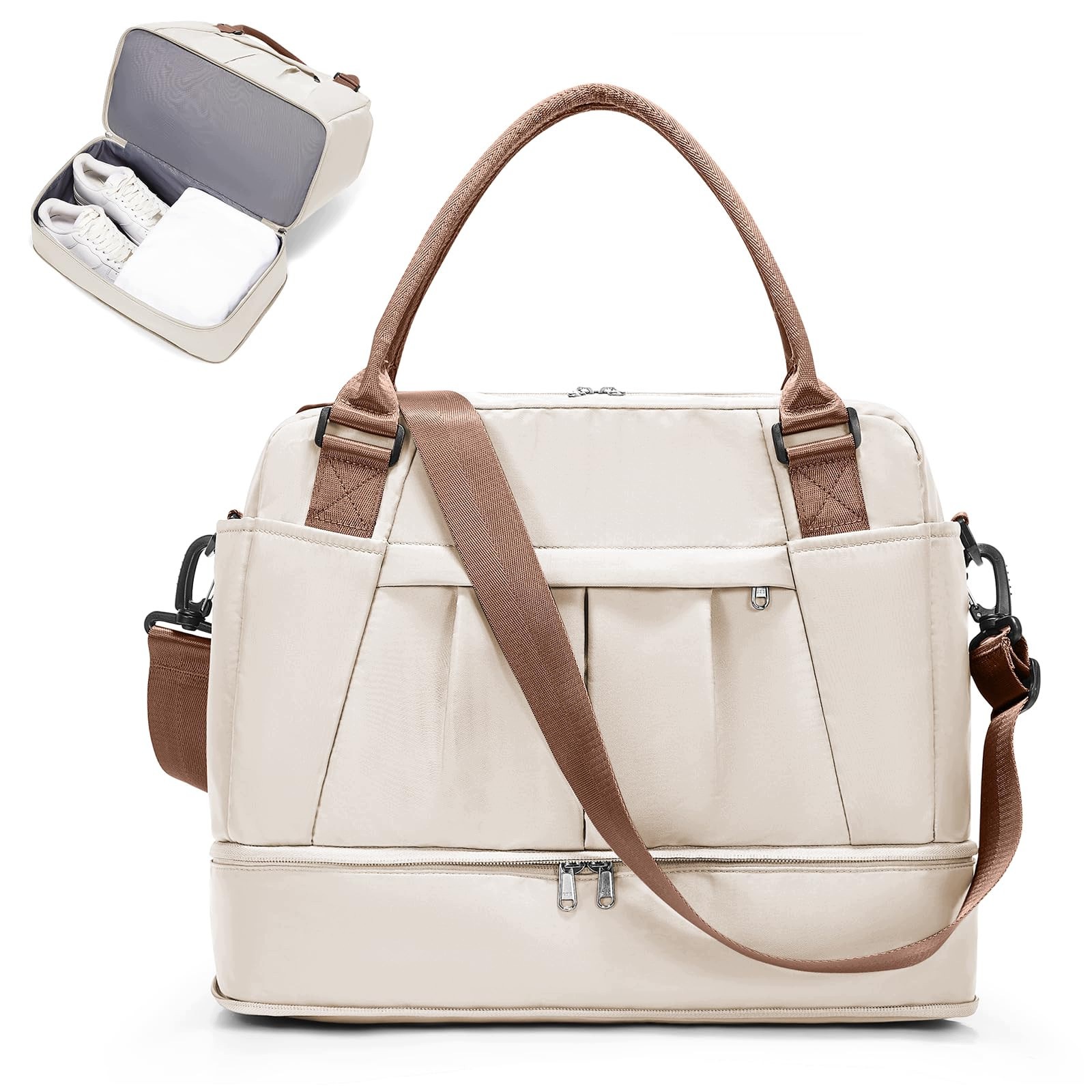 Torba Weekender Duffle Bag 30 L Wodoodporna Poliester Beżowo-brązowa Pasek