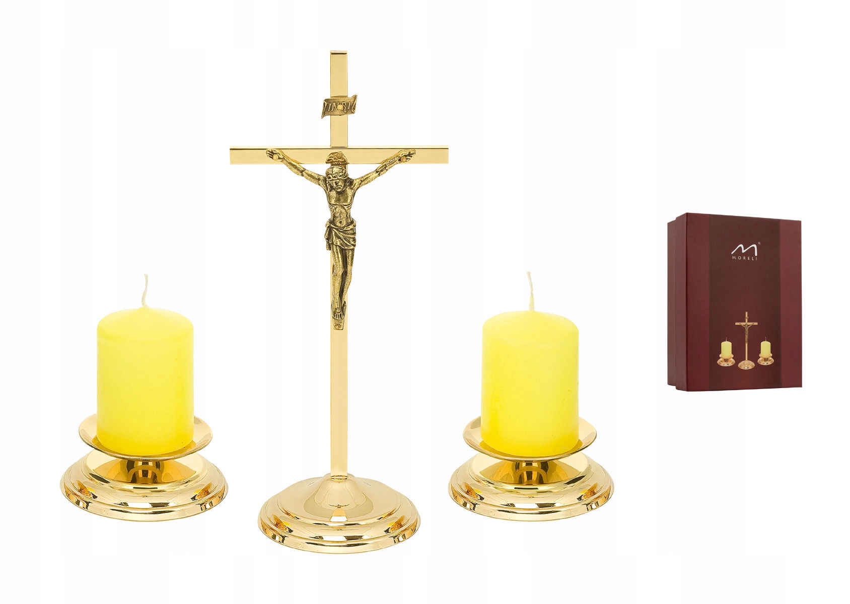 Sada Koled . Moderní . Kříž, svícny a svíčky . Zlatá barva.