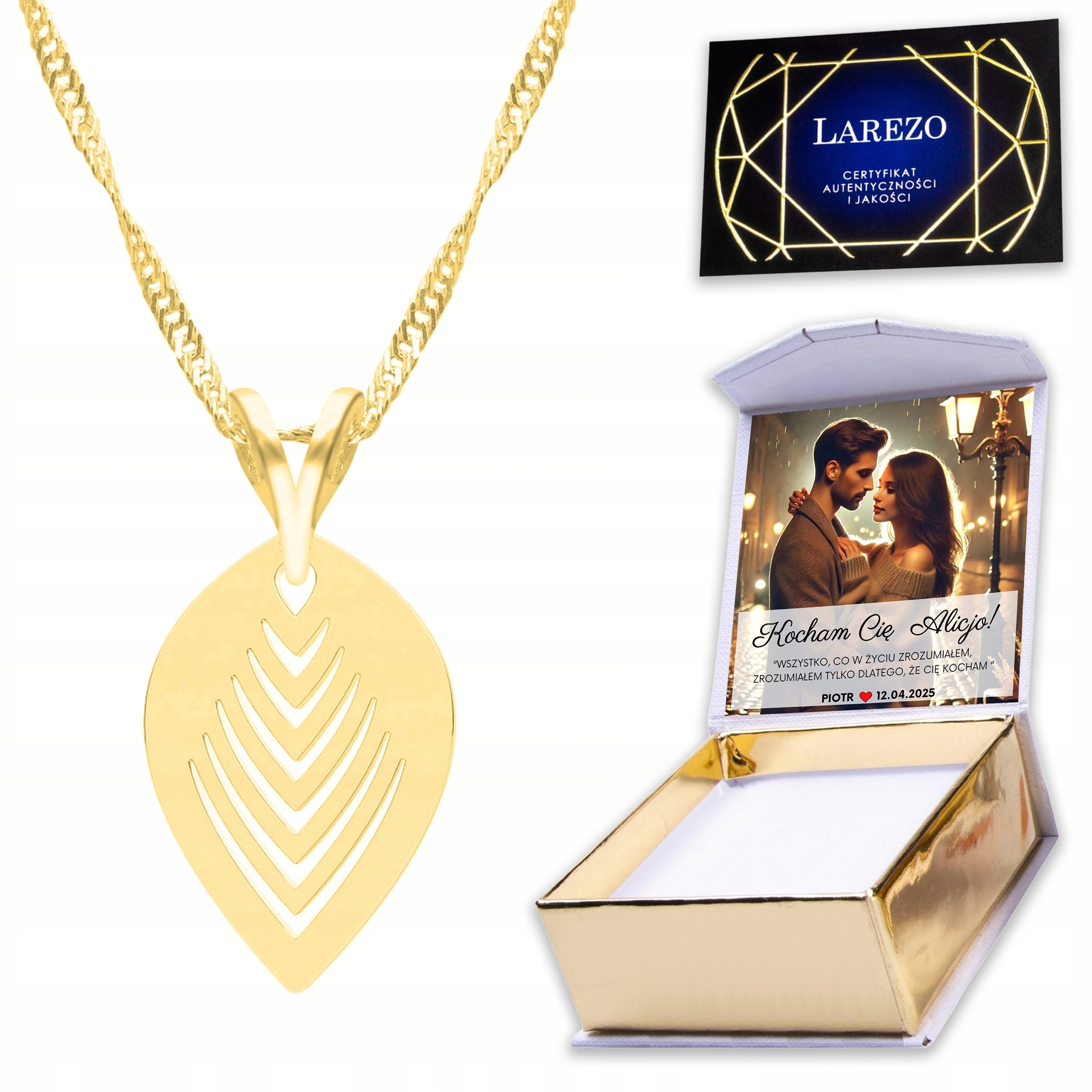 Zlatý náhrdelník 925 s listem Leaf List Plech Potisk