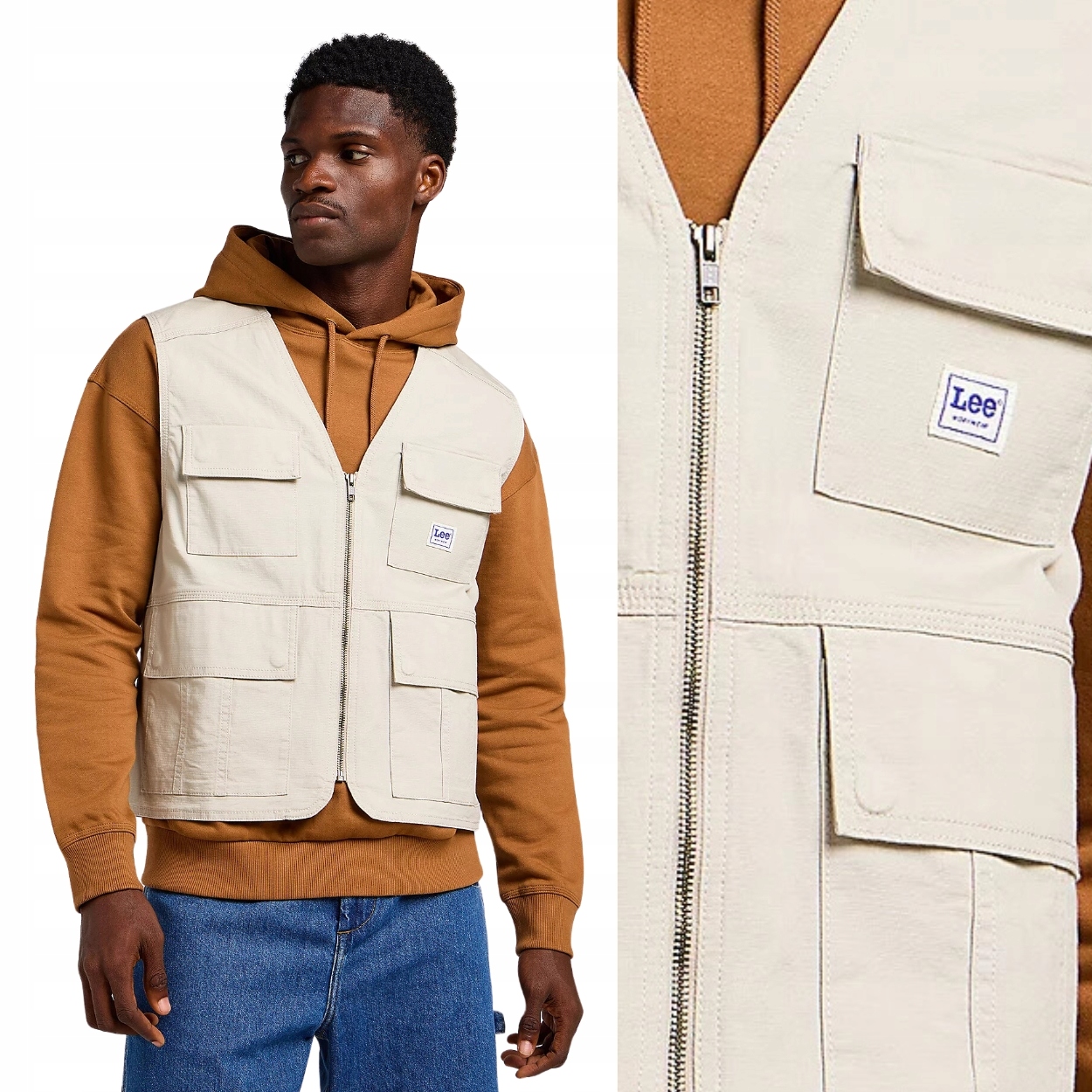 Pracovní vesta Lee , béžová, vesta na zip 4 kapsy, velikost M
