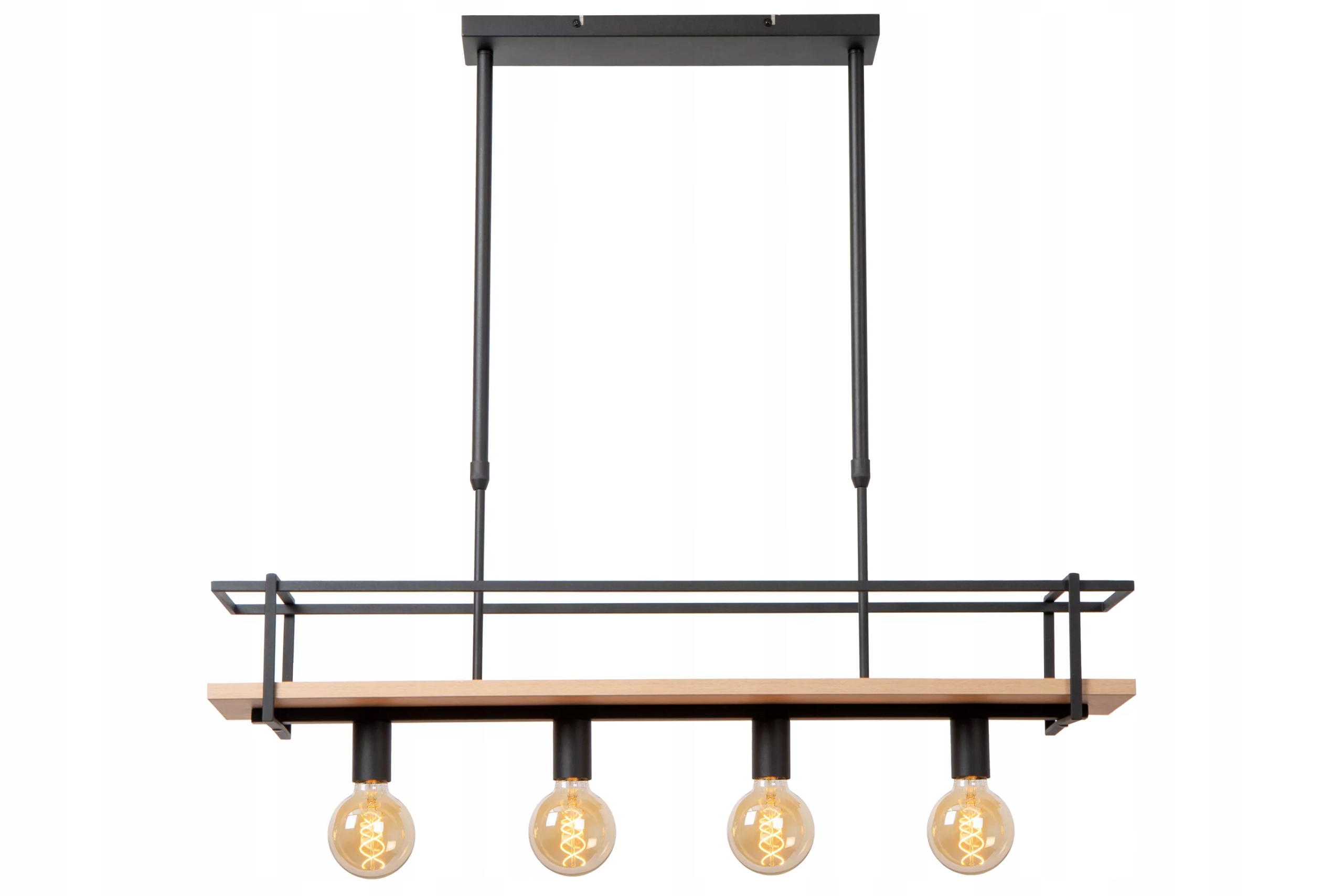 Závěsná lampa industriální dřevěná s poličkou nad ostrovem stůl černá Lucide