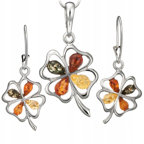 Stříbrný Komplet šperků jetel s originálním Jantarem ze stříbra 925