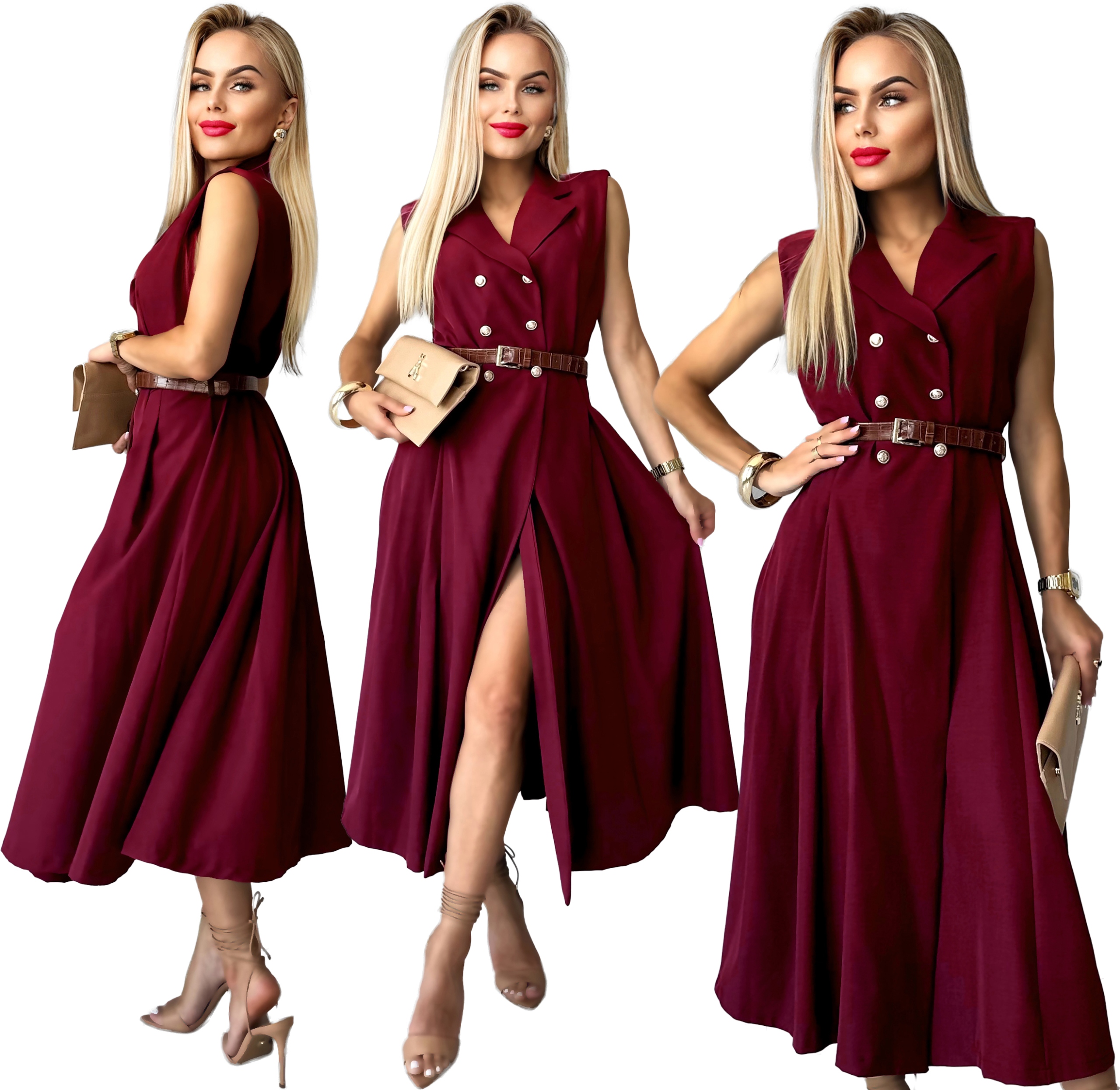 Bordowa Sukienka Damska szmizjerka kieszenie Gloria