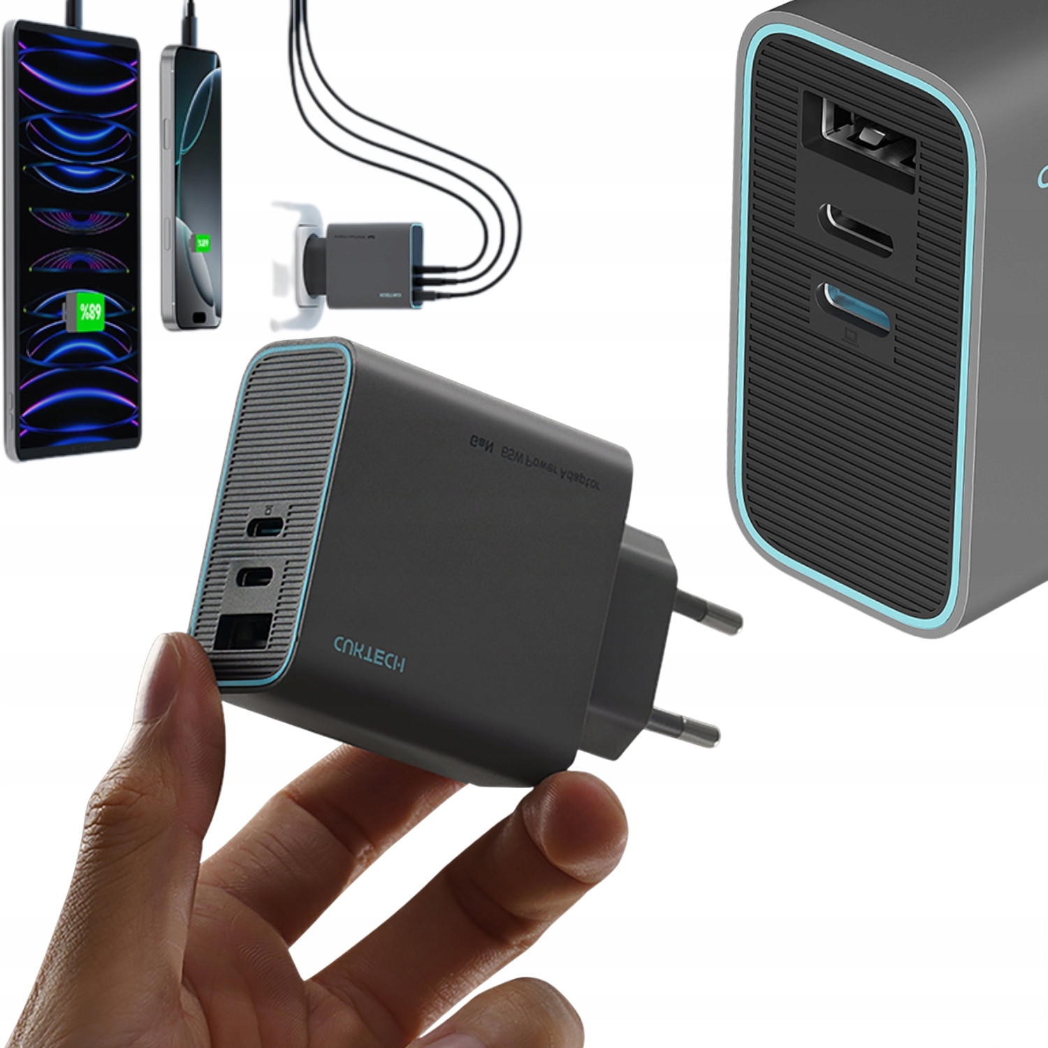 Szybka Ładowarka Sieciowa 65W GaN 2xUSB-C 1xUSB-A Mocna Kostka Cuktech