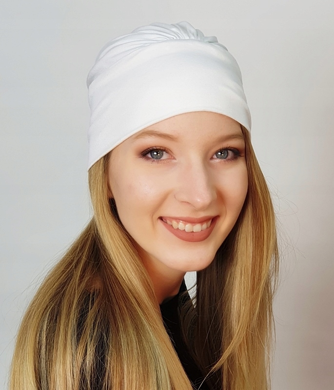 Turban Jasmina ecru czapka marszczona bez wzoru także po chemioterapii Marka Eva Design