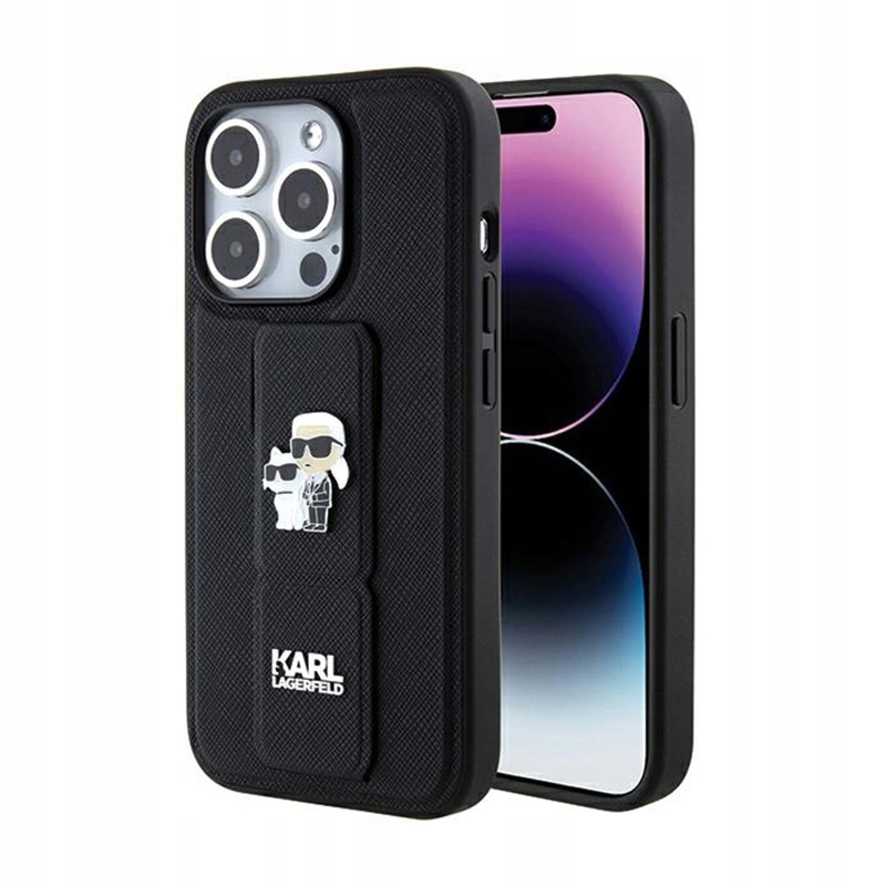 Karl Lagerfeld Gripstand Saffiano Choupette Pins Pouzdro pro iPhone 15 Pro, černé