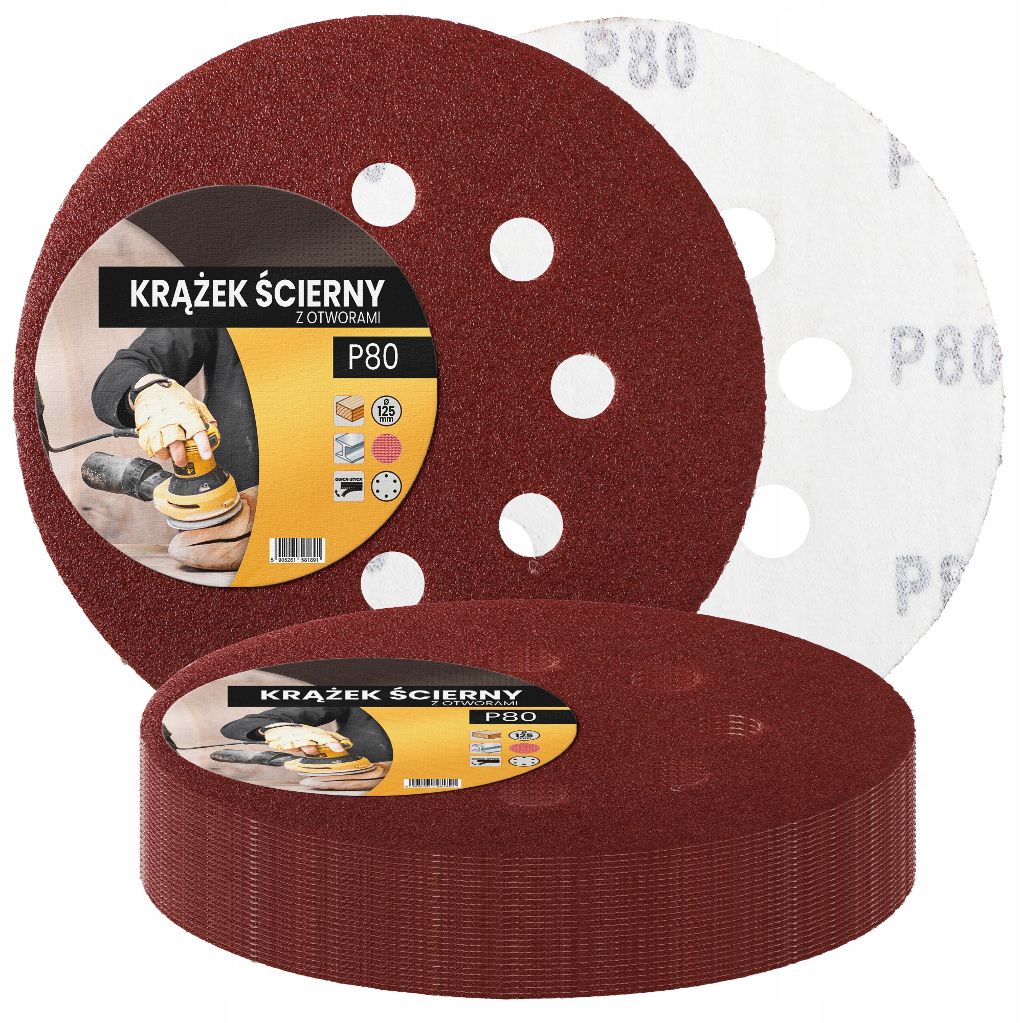 25x Papier Ścierny Krążek Rzep Otwory 125mm P80 Krążki Dysk Tarcza Ści 7D-T