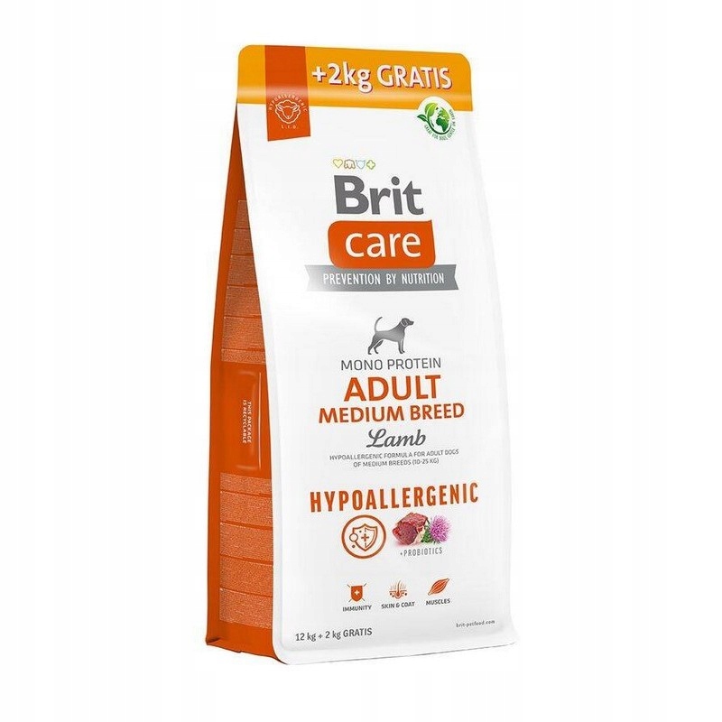 Brit Care Dog Hypoalergenní Krmivo pro Dospělé Psy Střední Jehněčí 12+2kg