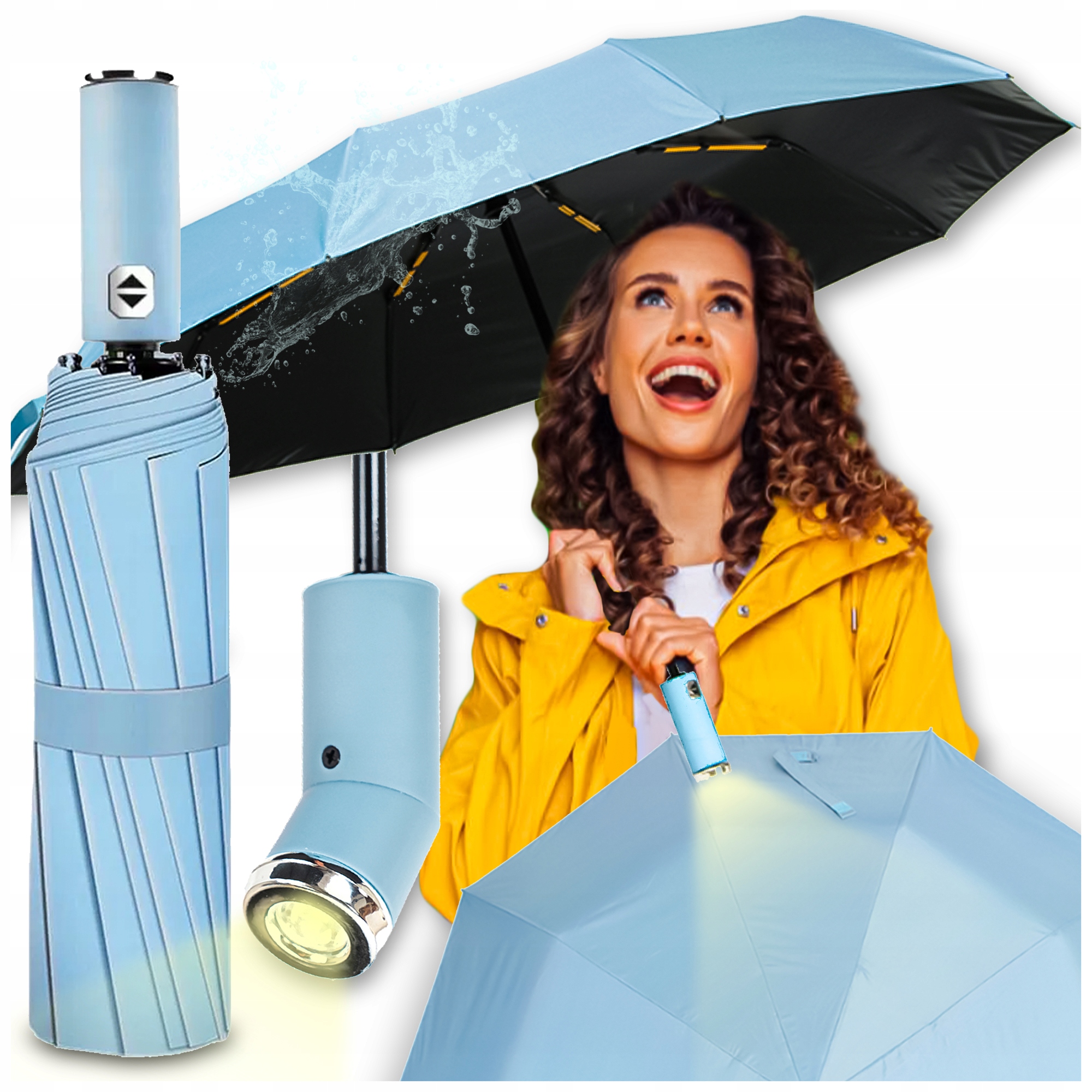 SKŁADANA PARASOLKA DUŻA ELEGANCKA AUTOMAT MOCNA PODŚWIETLENIE LED NIEBIESKA