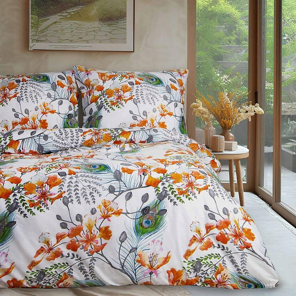 Povlečení bavlněné 180x200 bílá oranžová zelená květina Cottonlove