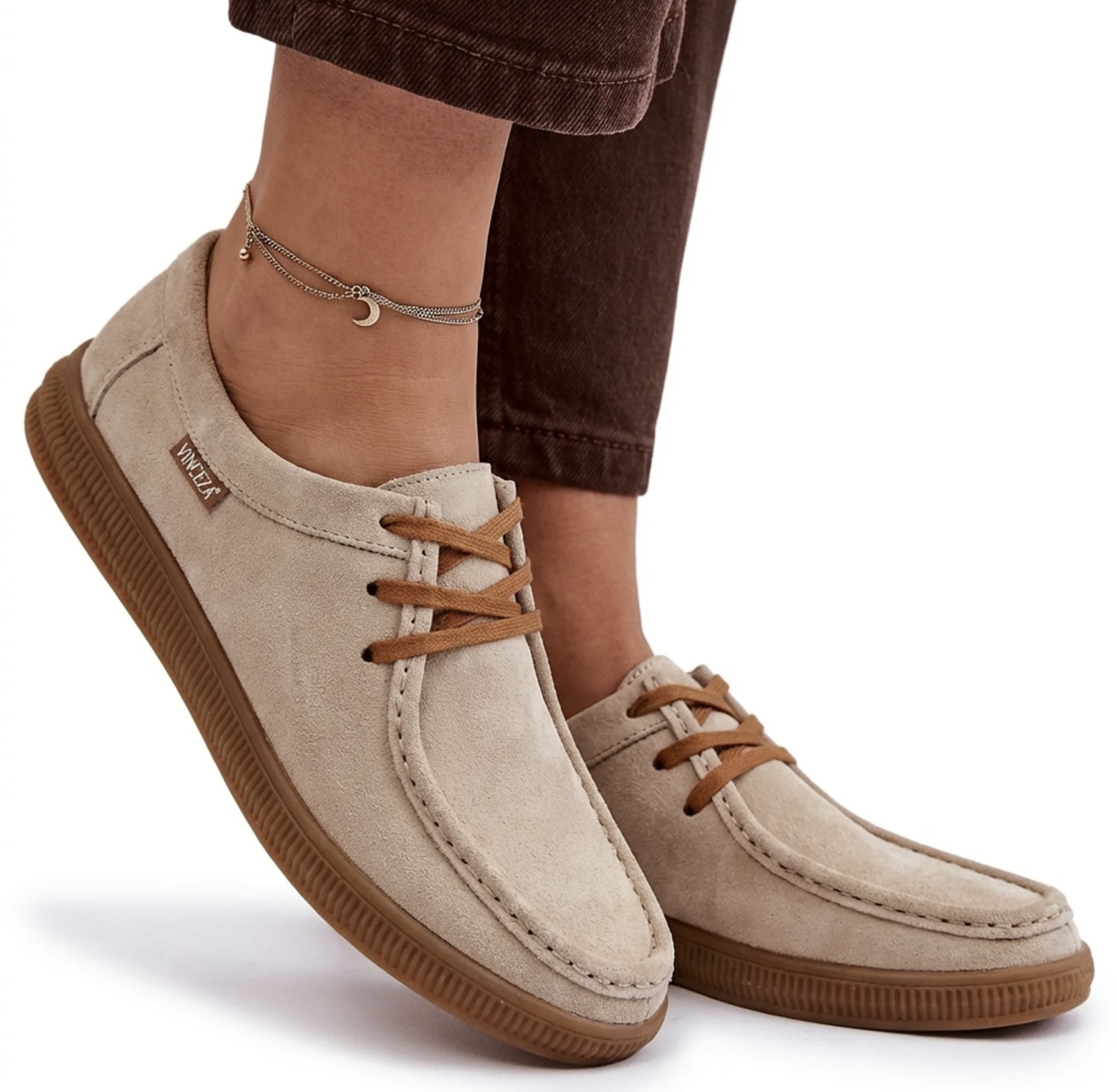 Skórzane Półbuty Damskie Mokasyny Vinceza 95391 Buty Sznurowane Beżowe 36