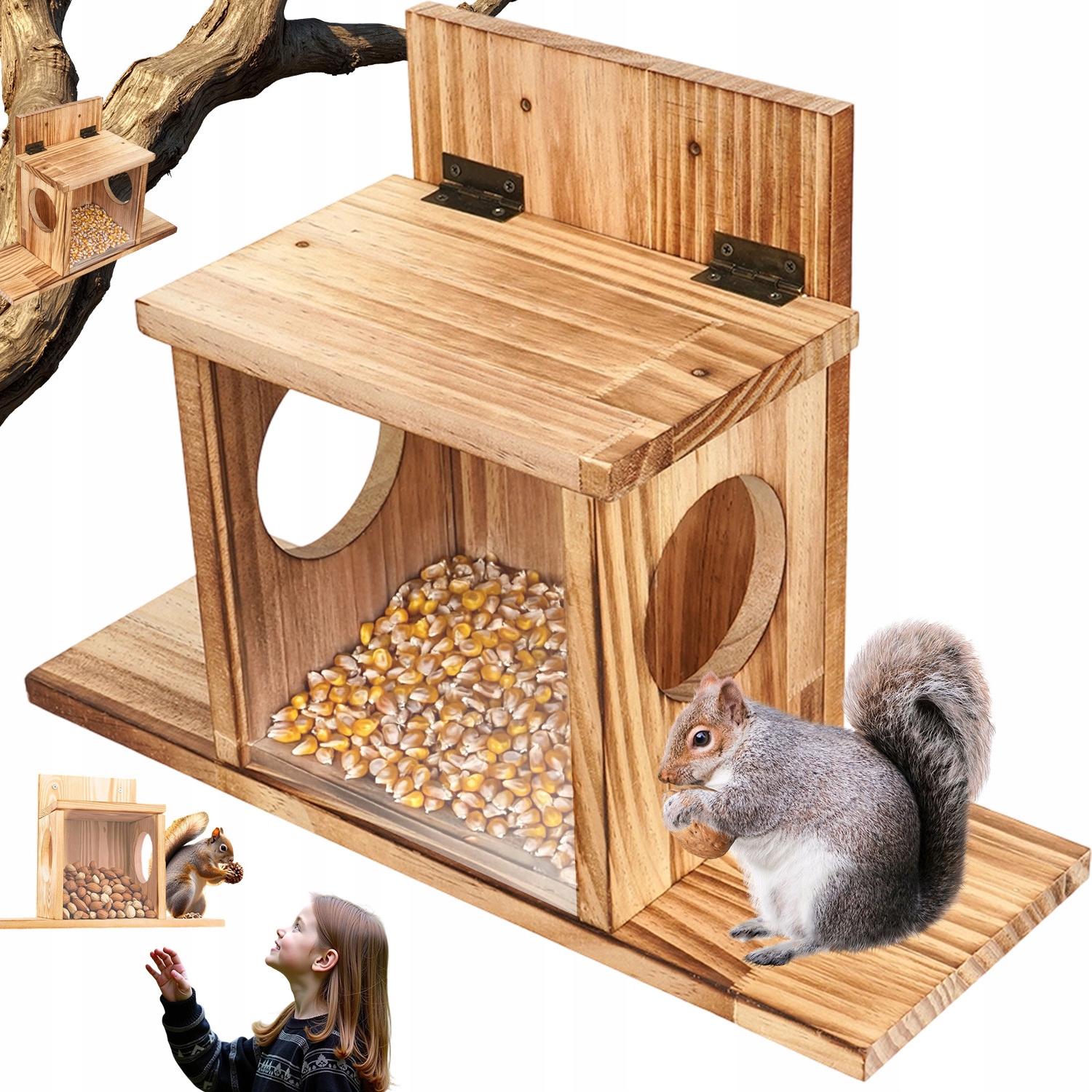 Levně Dřevěné Krmítko Pro Veverky S Průhledným Čelem A Otvory