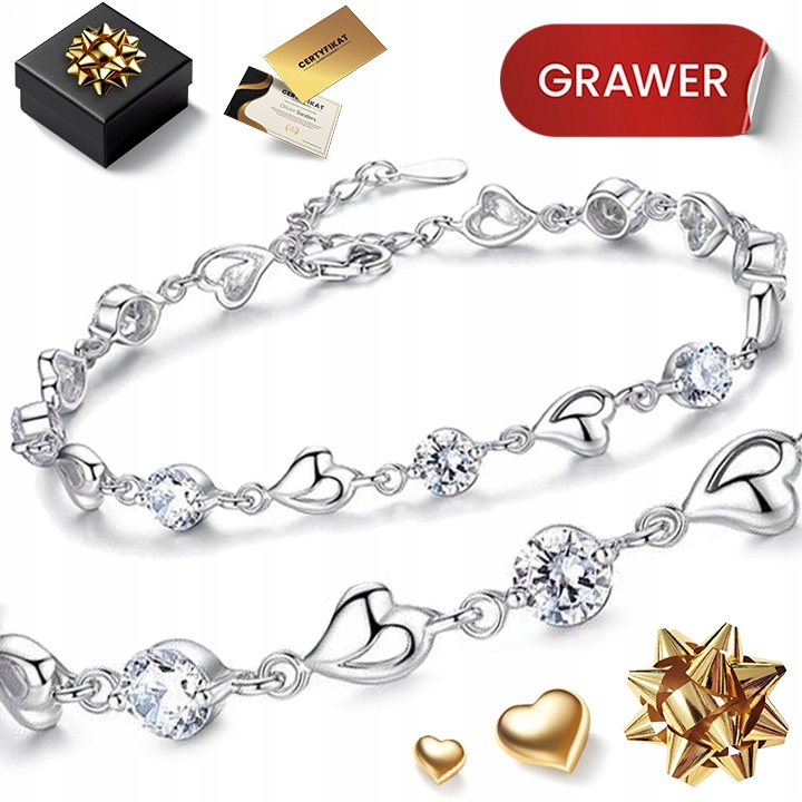 Stříbrný Dámský Náramek 925 Srdce S Krystaly S Gravírováním A Srdcem