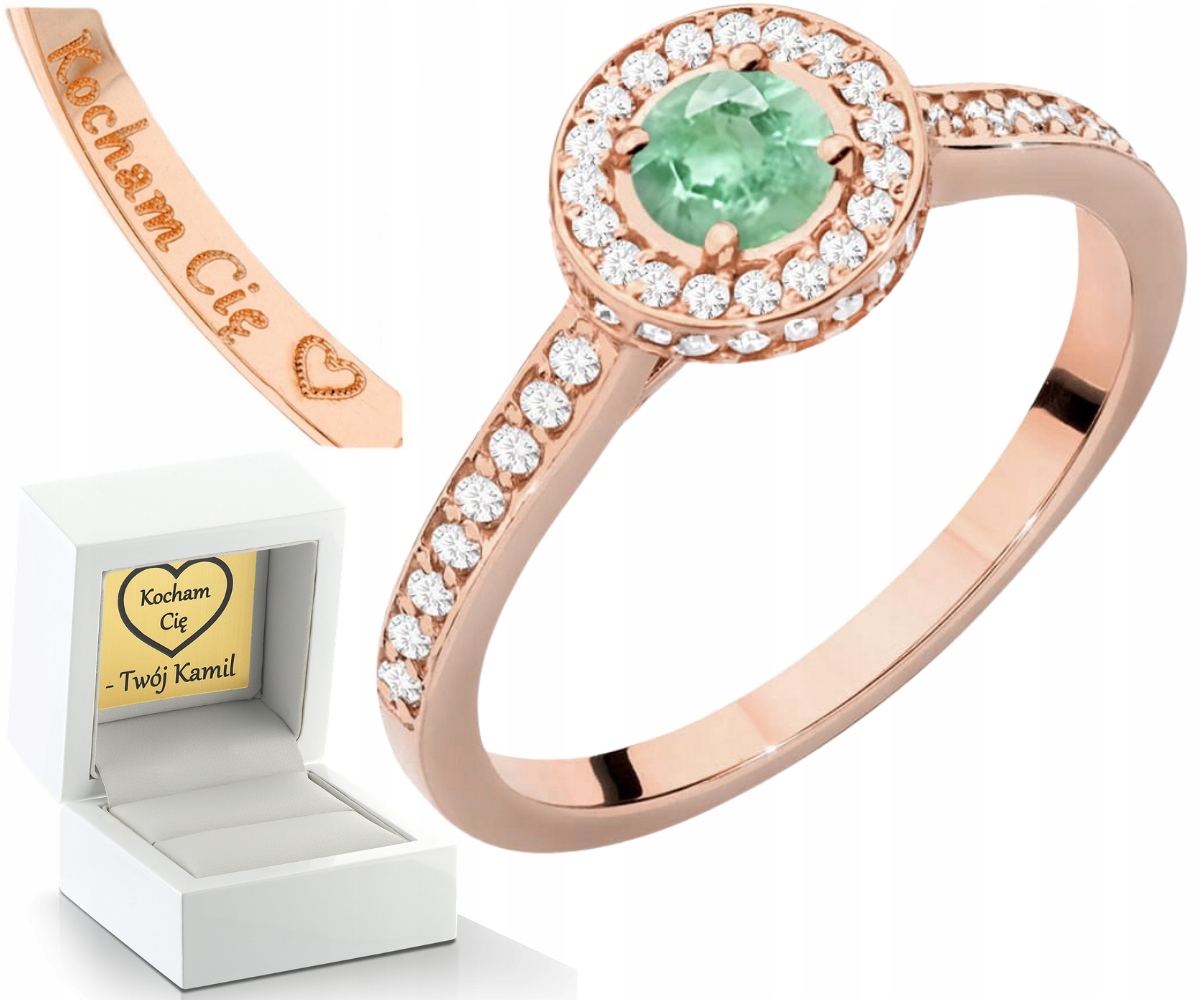 Růžové Zlato Prstýnek Smaragd Brilianty Gravírování 585 Bonus Dárek
