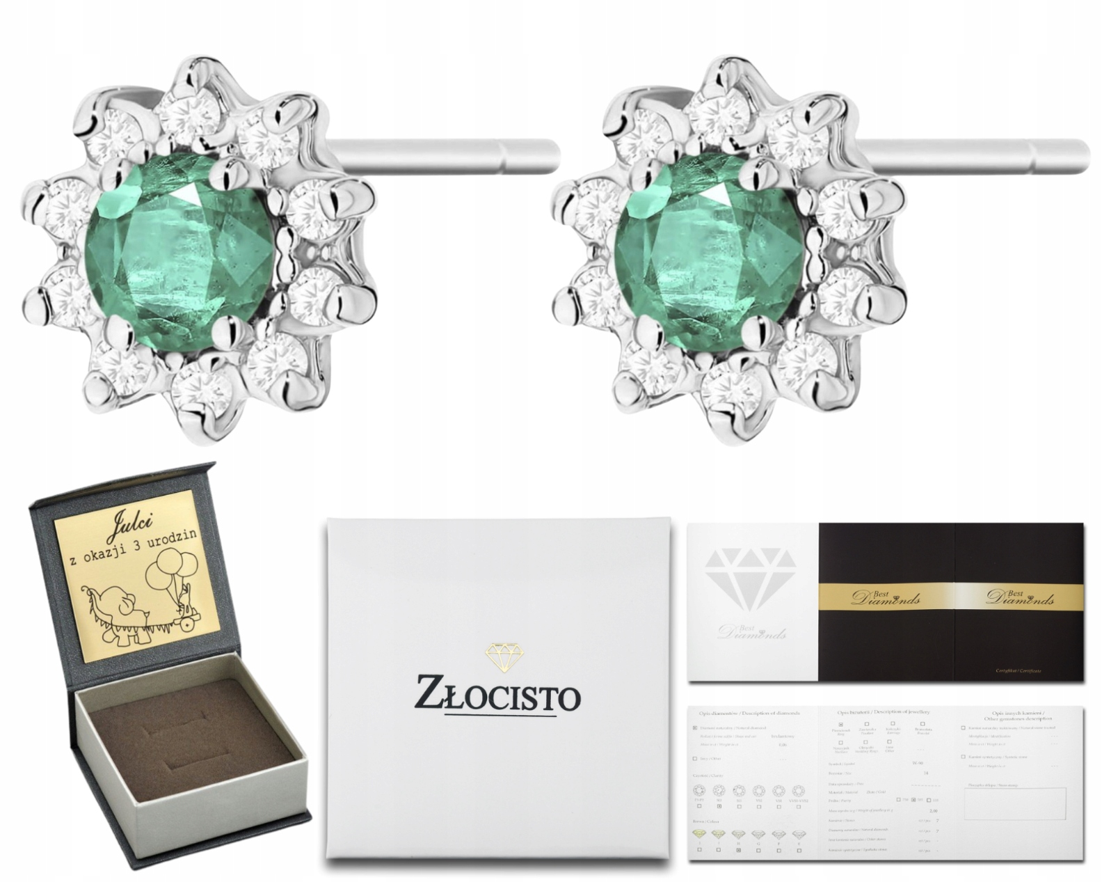 Náušnice z bílého zlata se smaragdem a diamanty, Gravírování do 14karátového Dárek 585