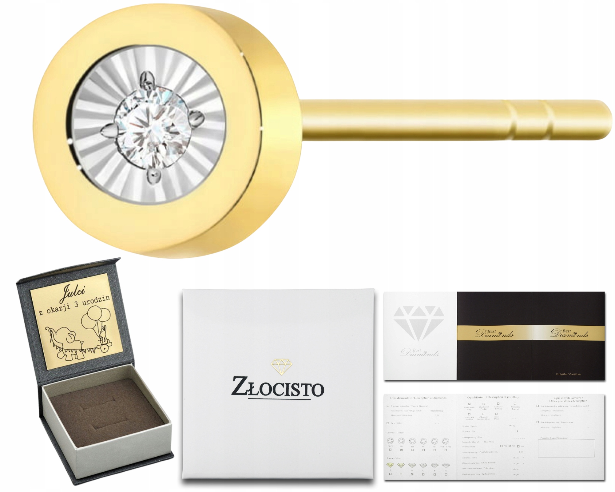 Zlatý Náušnicový Náušnice S Diamantem Kulaté Zlato 585 Dárek Gravírování Tyčinka