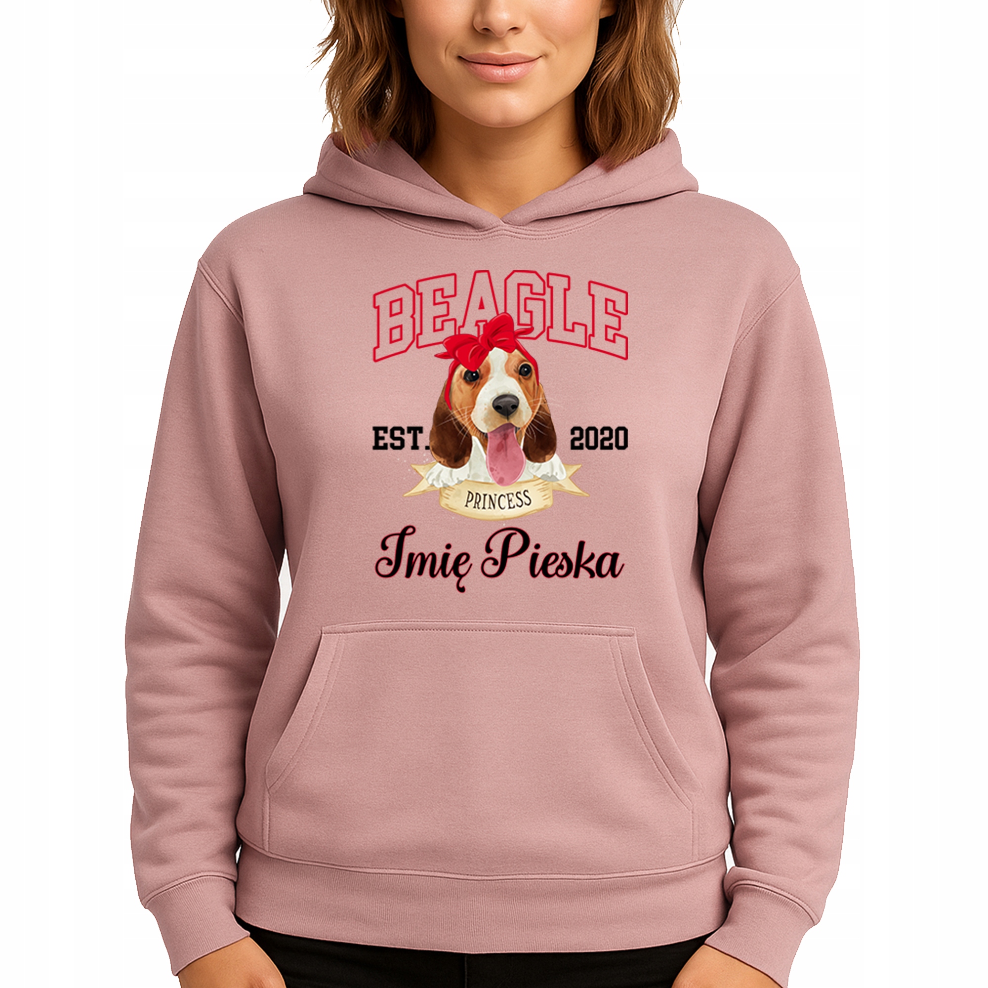 Mikina S Kapucí Růžová bavlněná mikina Beagle *Jméno psa* S