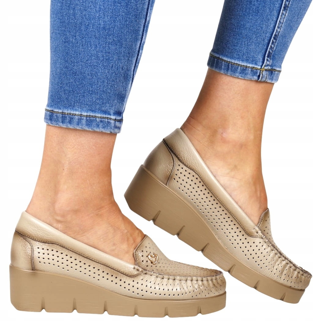 Dámské boty Mokasíny Polobotky Na Koturně Kožené Ažurové Béžové Pohodlné