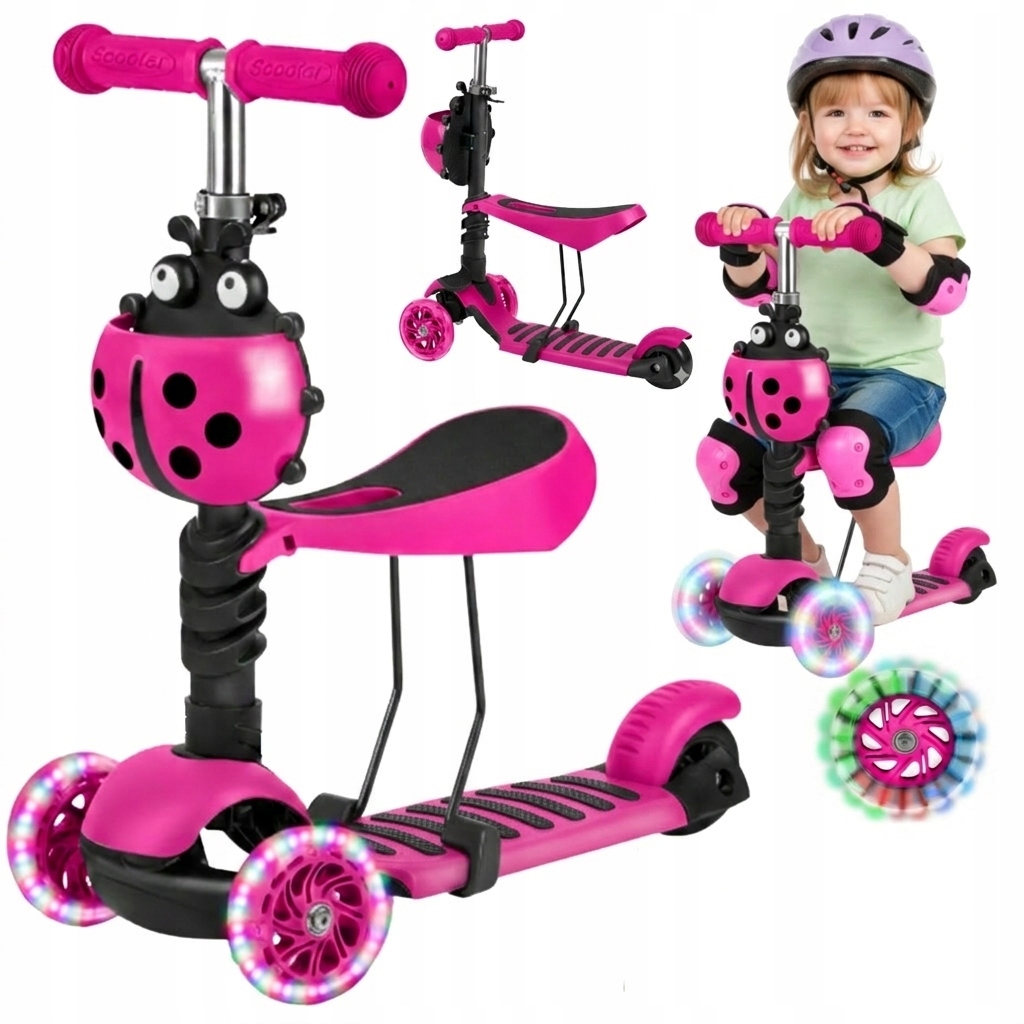 Hulajnoga dla dzieci 3w1 Led balansowa trójkołowa z siedziskiem różowa