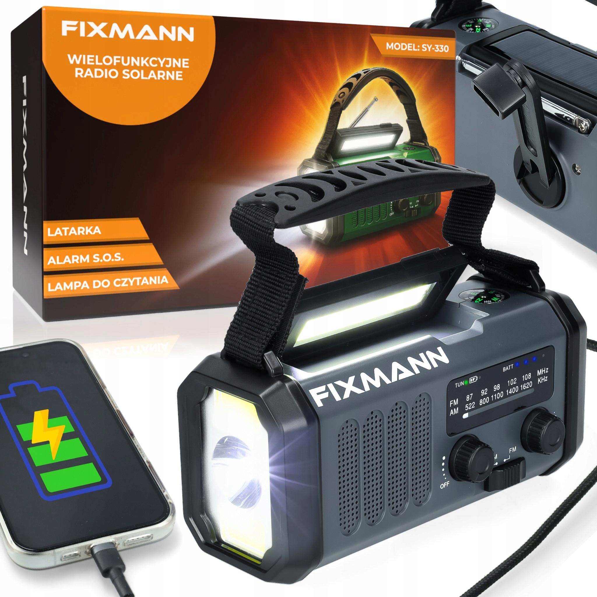 Przenośne Radio Solarne na Korbkę Awaryjne Lampka Alarm Sos 10000mAh Czarny