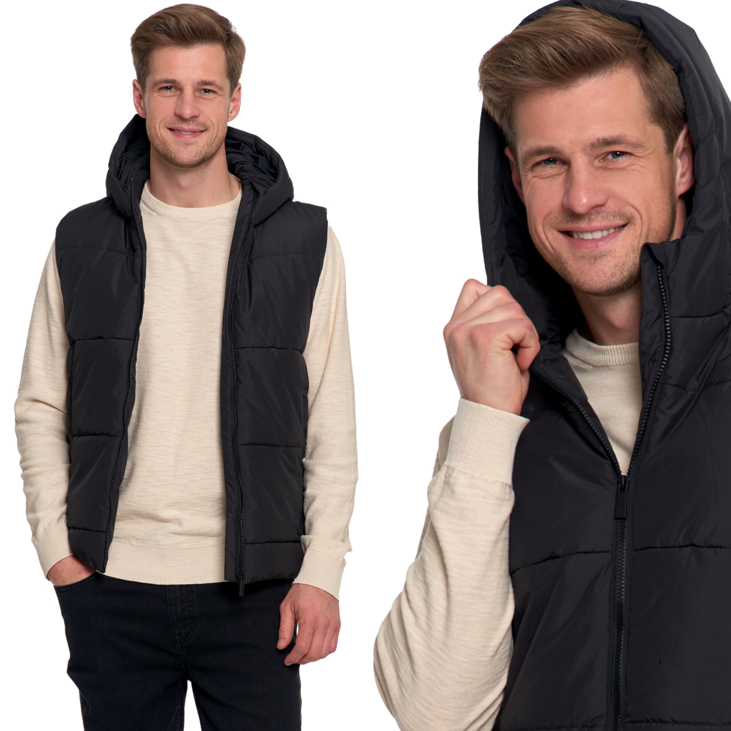 Pánská prošívaná vesta se zipem, Bunda Bez Rukávů s kapucí Moraj Černá 3XL