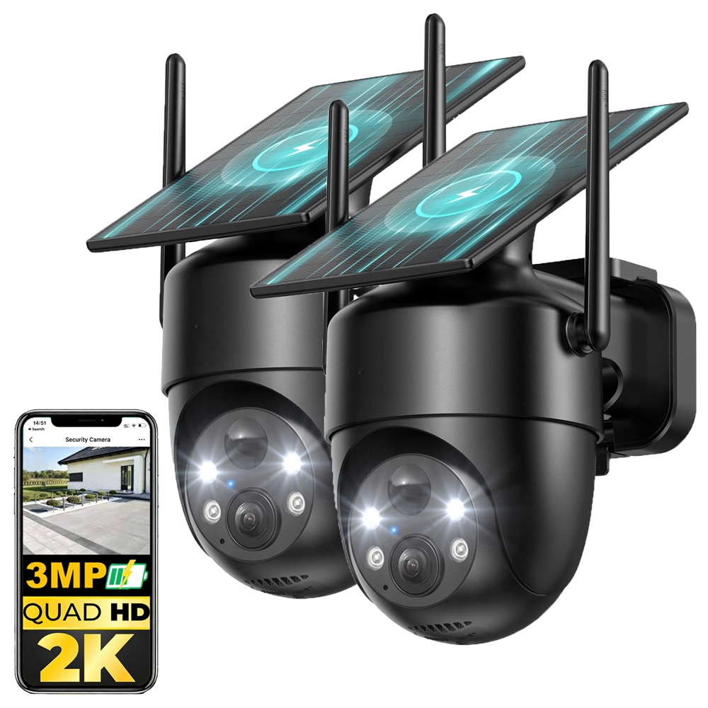 2x Solární otočná kamera 2K venkovní bezdrátová noční vidění barevná