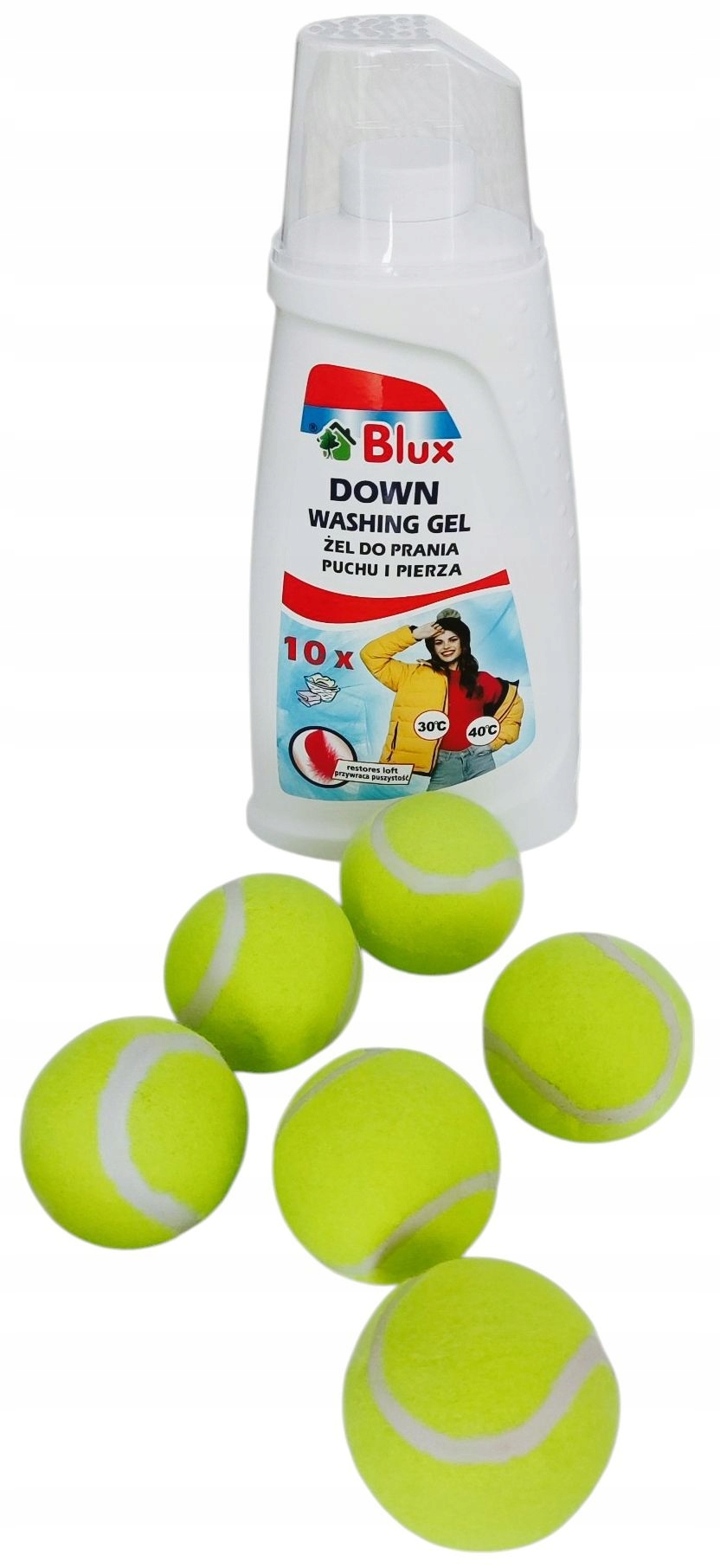 Gel Blux tekutý prací prostředek na prachové peří 1000 ml tenisové míčky 6 kusů
