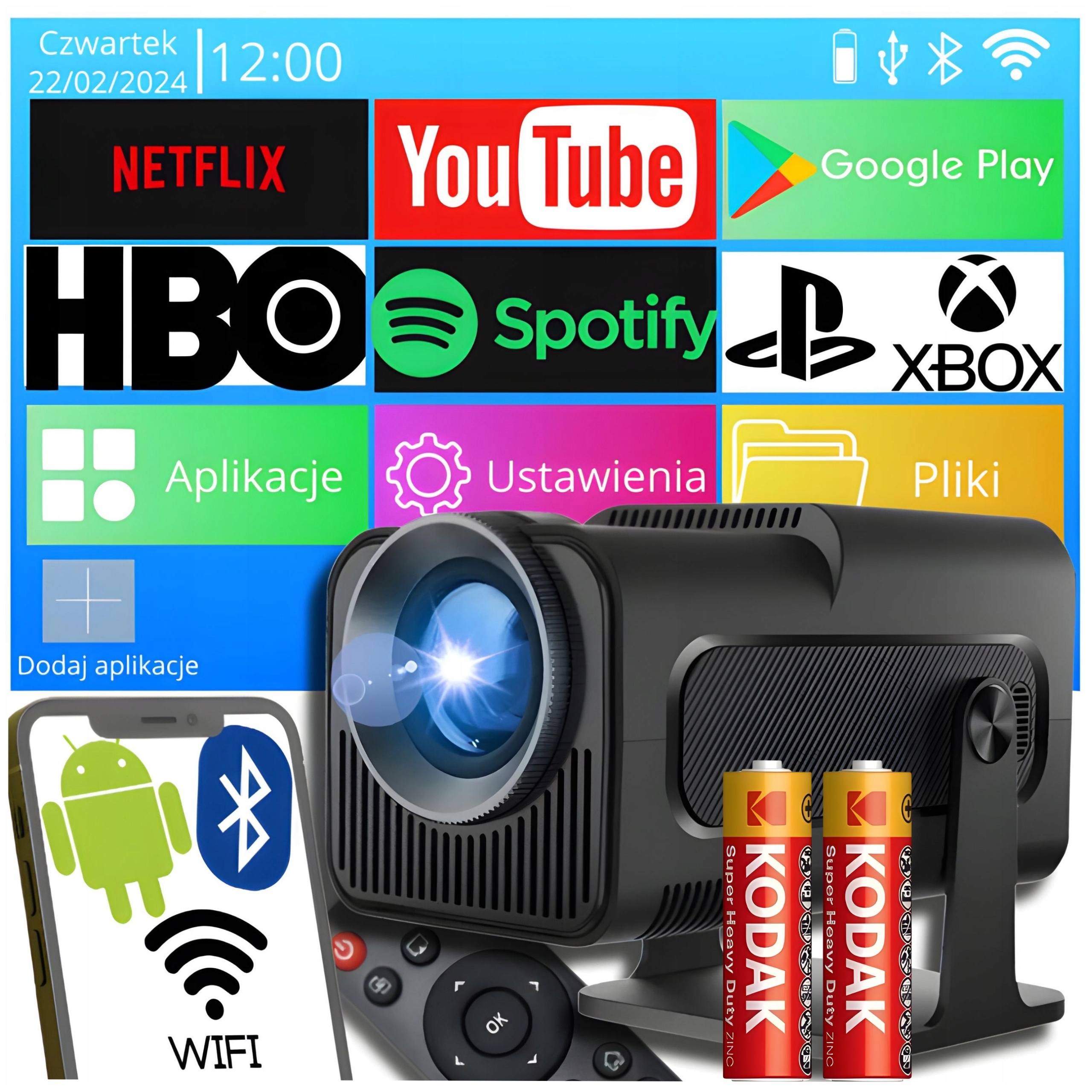 Projektor Rzutnik Android TV WiFi Bluetooth 4K Full HD Przenośny Obrotowy