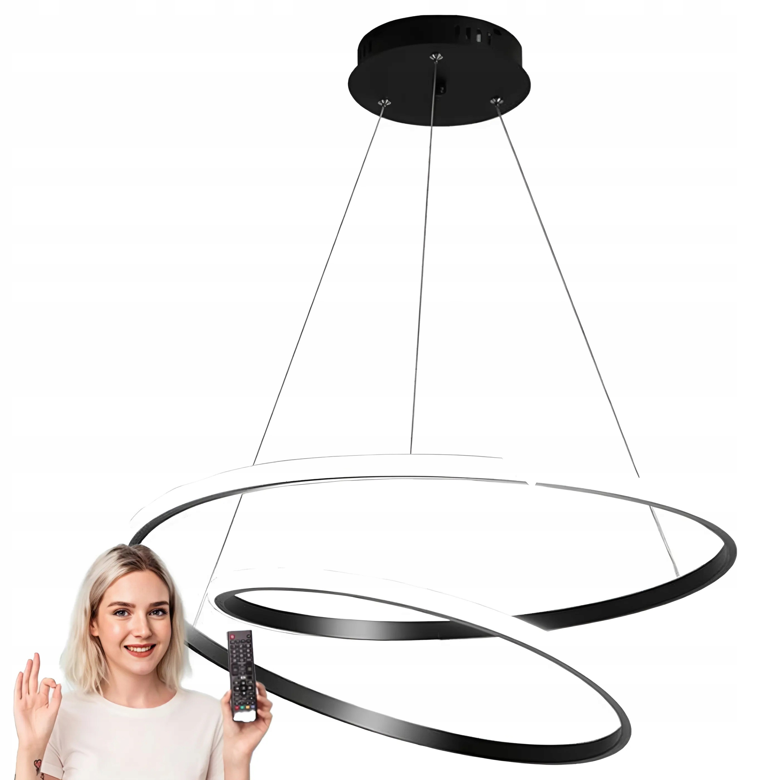 Závěsná lampa Černý Led Lustr Modern 2 Ring 60 CM Dálkový Ovladač 3 Barvy