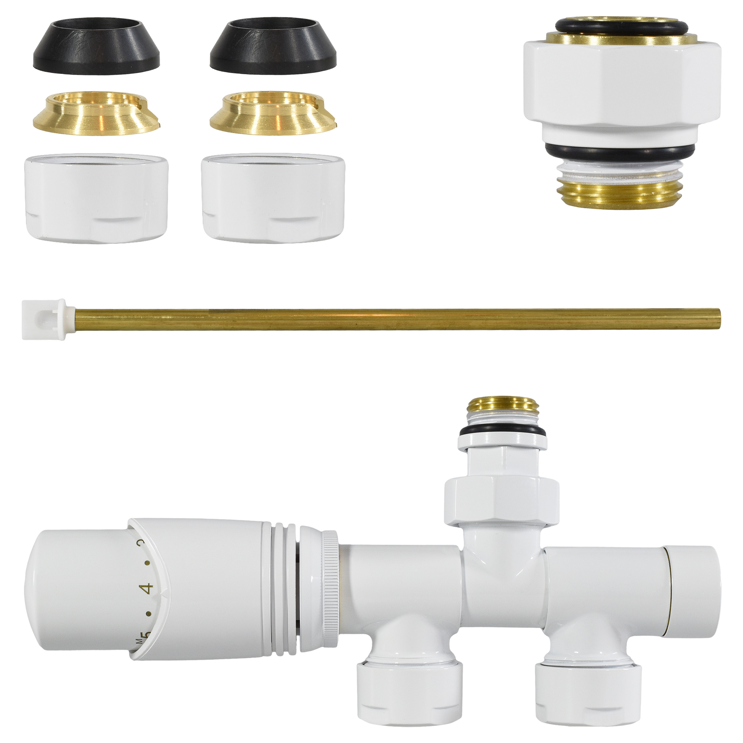 Jednootvorový úhlový termostatický ventil, bílá trubka, otočná hlava