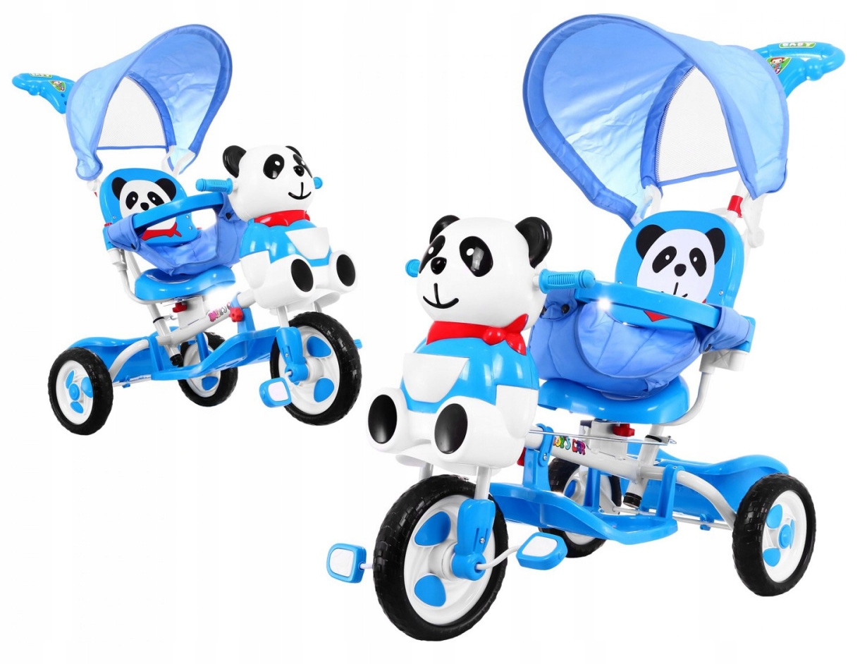 Spacerowy Niebieski Trójkołowy Rowerek Panda Dla Dzieci Dźwięki Daszek