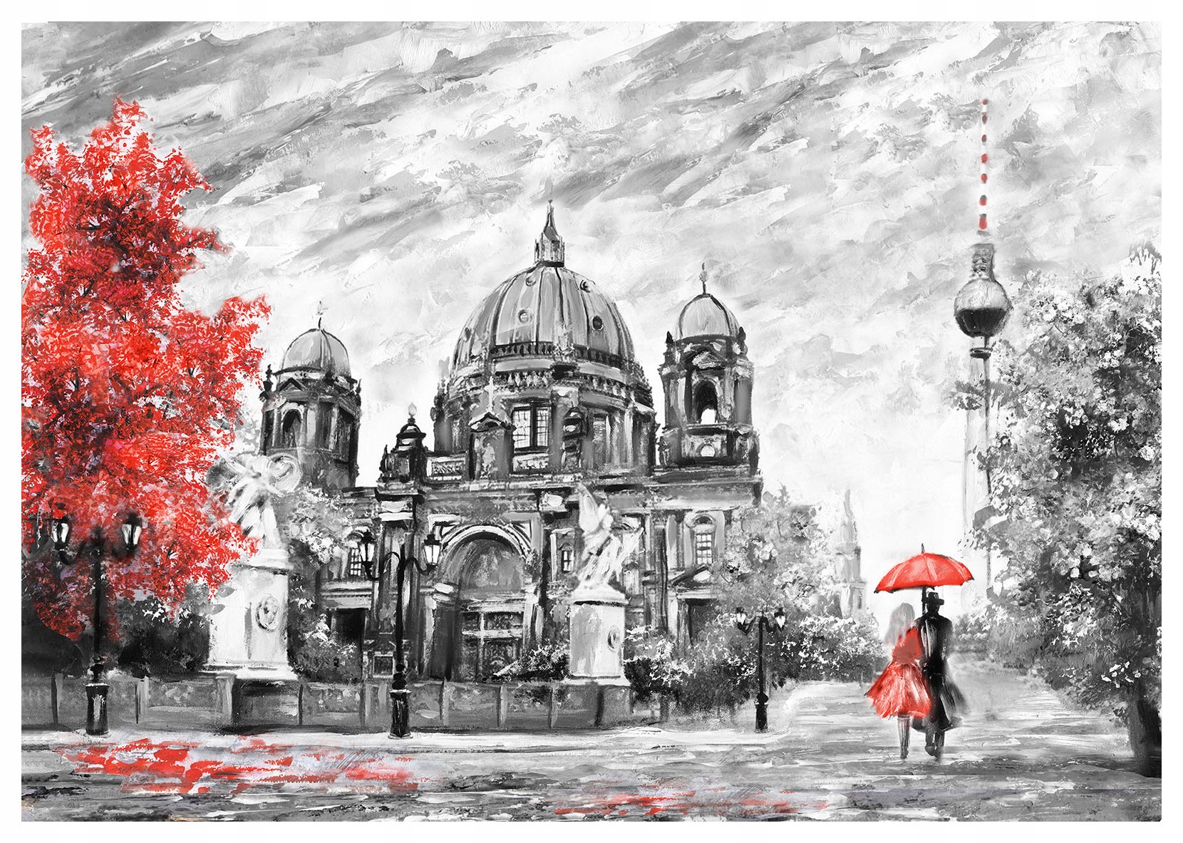 Tapeta Berlín Paríž Dážď Červený mestský dáždnik Akcent 350x250 lepidlo