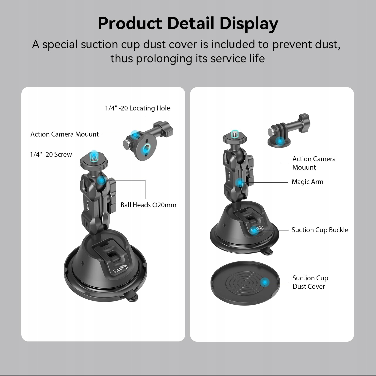 SMALLRIG Uchwyt Przyssawkowy Do GoPro DJI Insta360 Na Szybę Samochodu — miniatura 5