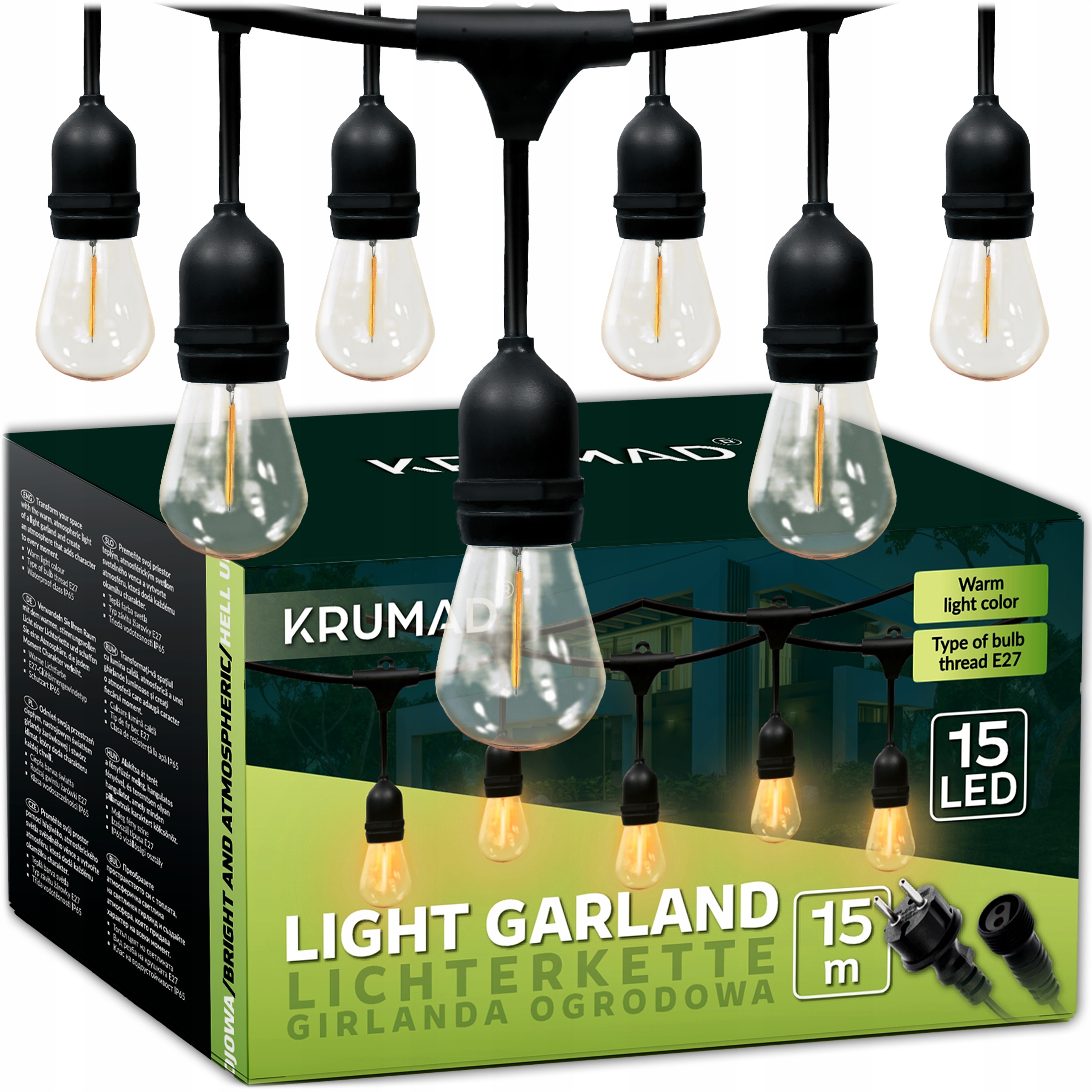 Zahradní Led girlanda Světelné lampy Zahradní řetěz 15 m x E27 Žárovka 1 W